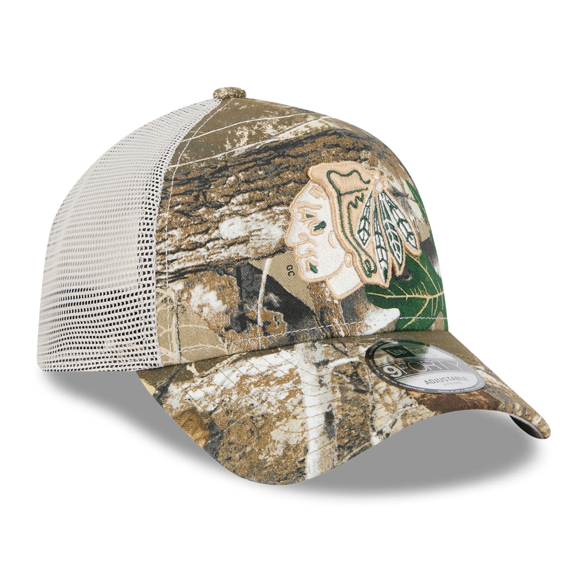 Casquette trucker ajustable New Era 9FORTY camouflage Chicago Blackhawks Real Tree A-Frame pour homme