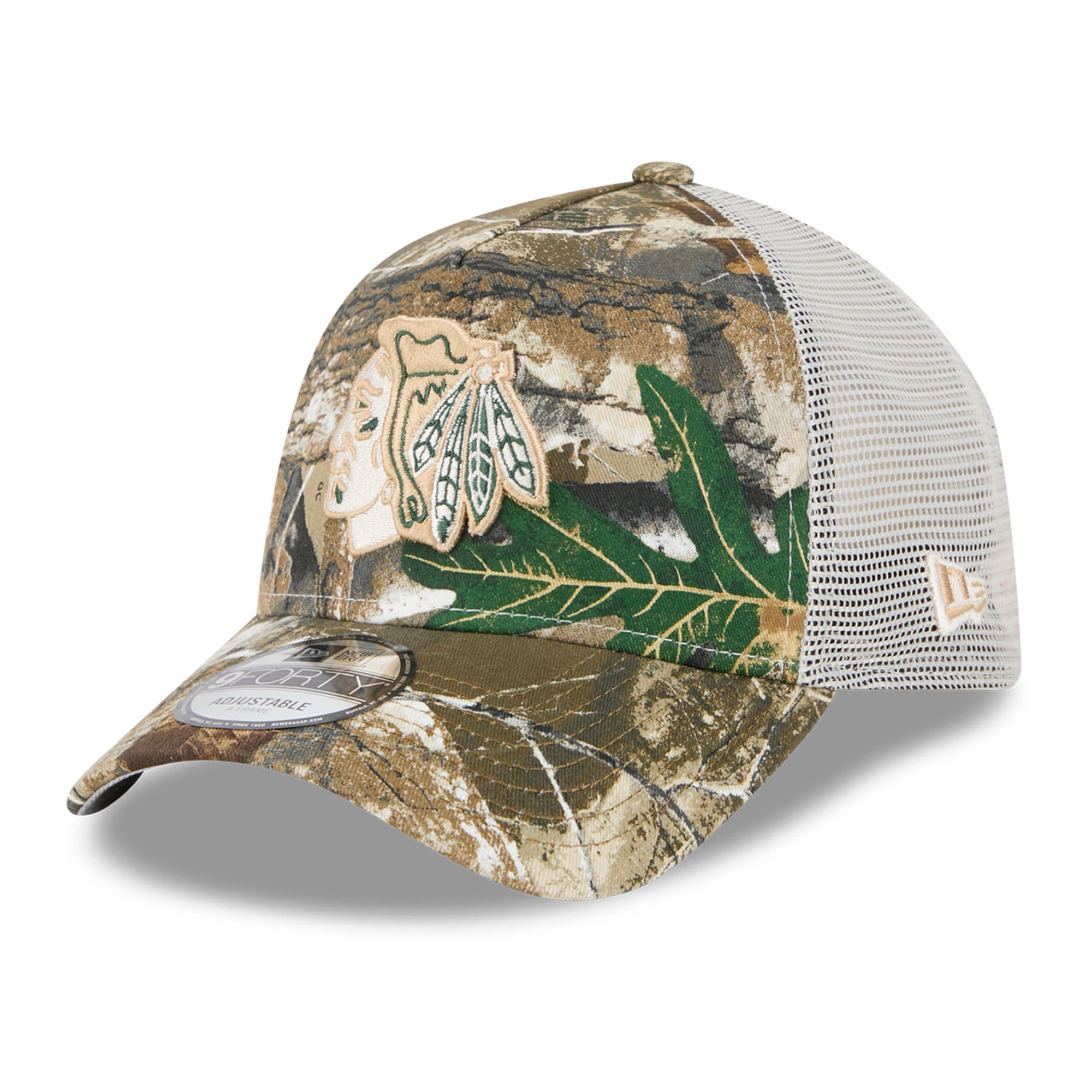 Casquette trucker ajustable New Era 9FORTY camouflage Chicago Blackhawks Real Tree A-Frame pour homme