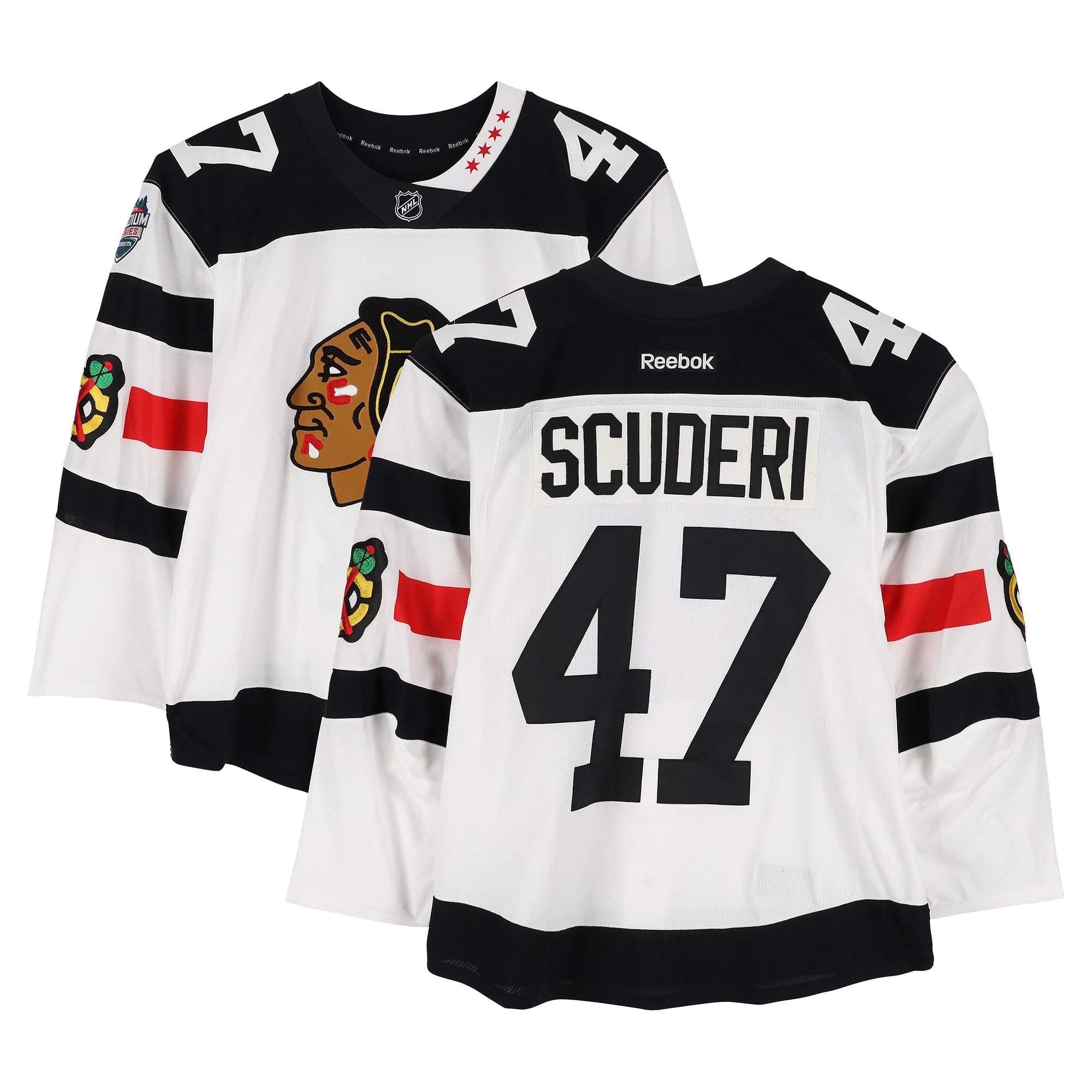 Rob Scuderi Chicago Blackhawks Player-Issued #47 White Jersey vs. Minnesota Wild on February 21, 2016