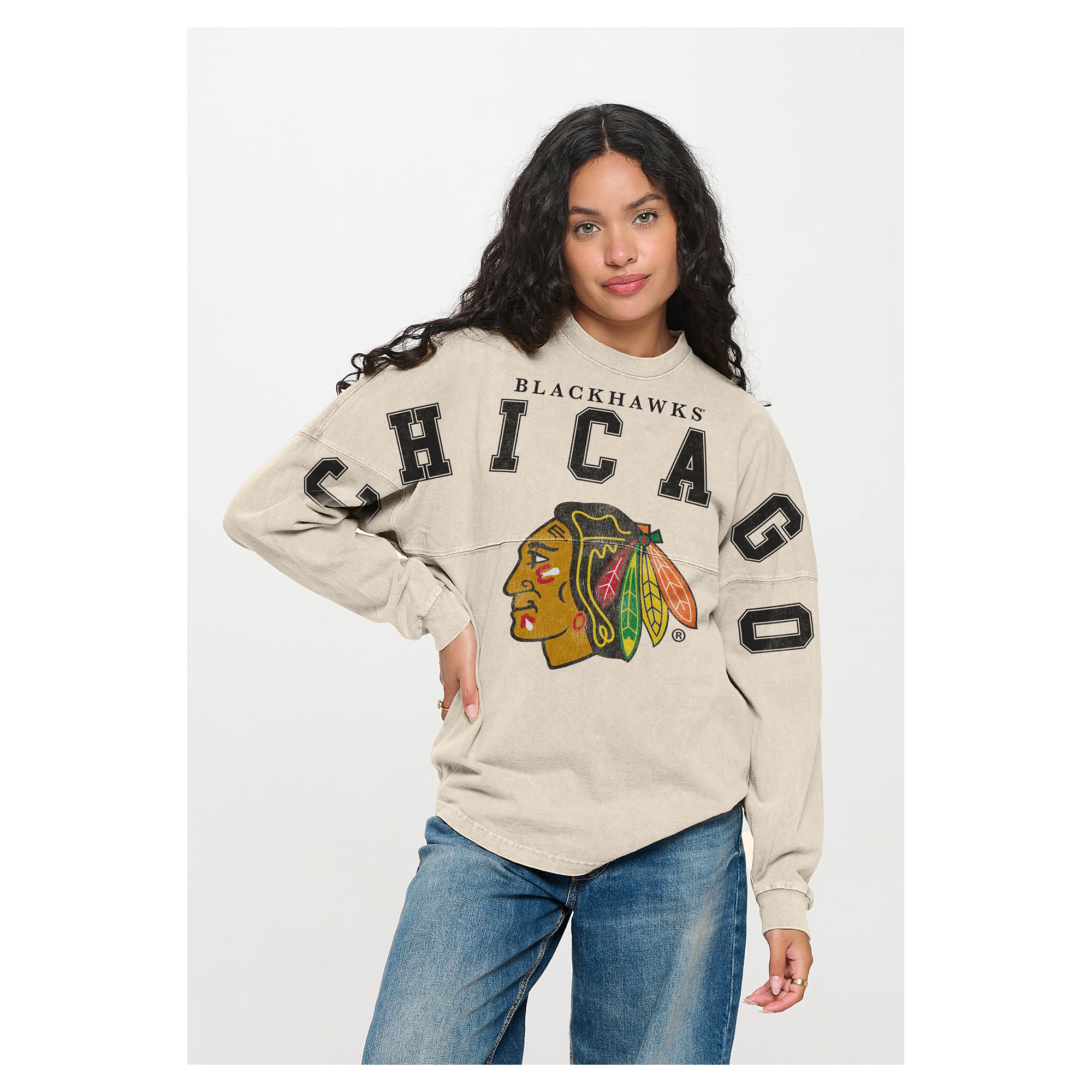 T-shirt unisexe Fanatics crème Chicago Blackhawks à manches longues, imprimé sur le devant, style Spirit Jersey