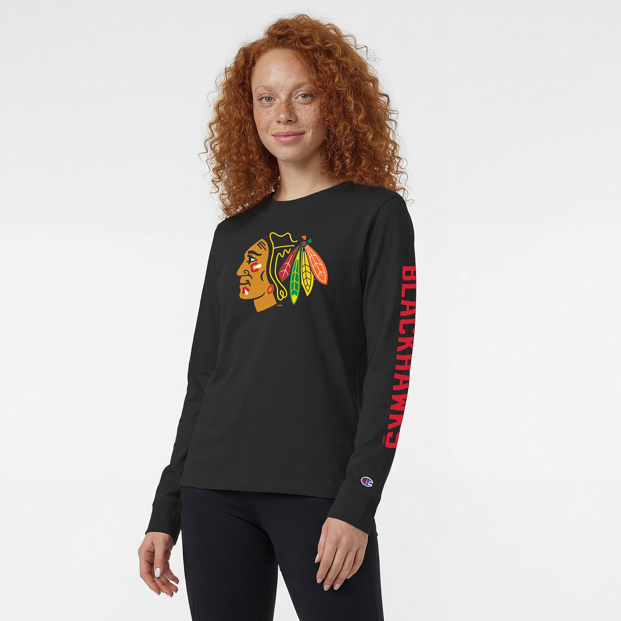 T-shirt à manches longues pour femmes Champion Black Chicago Blackhawks Team Logo