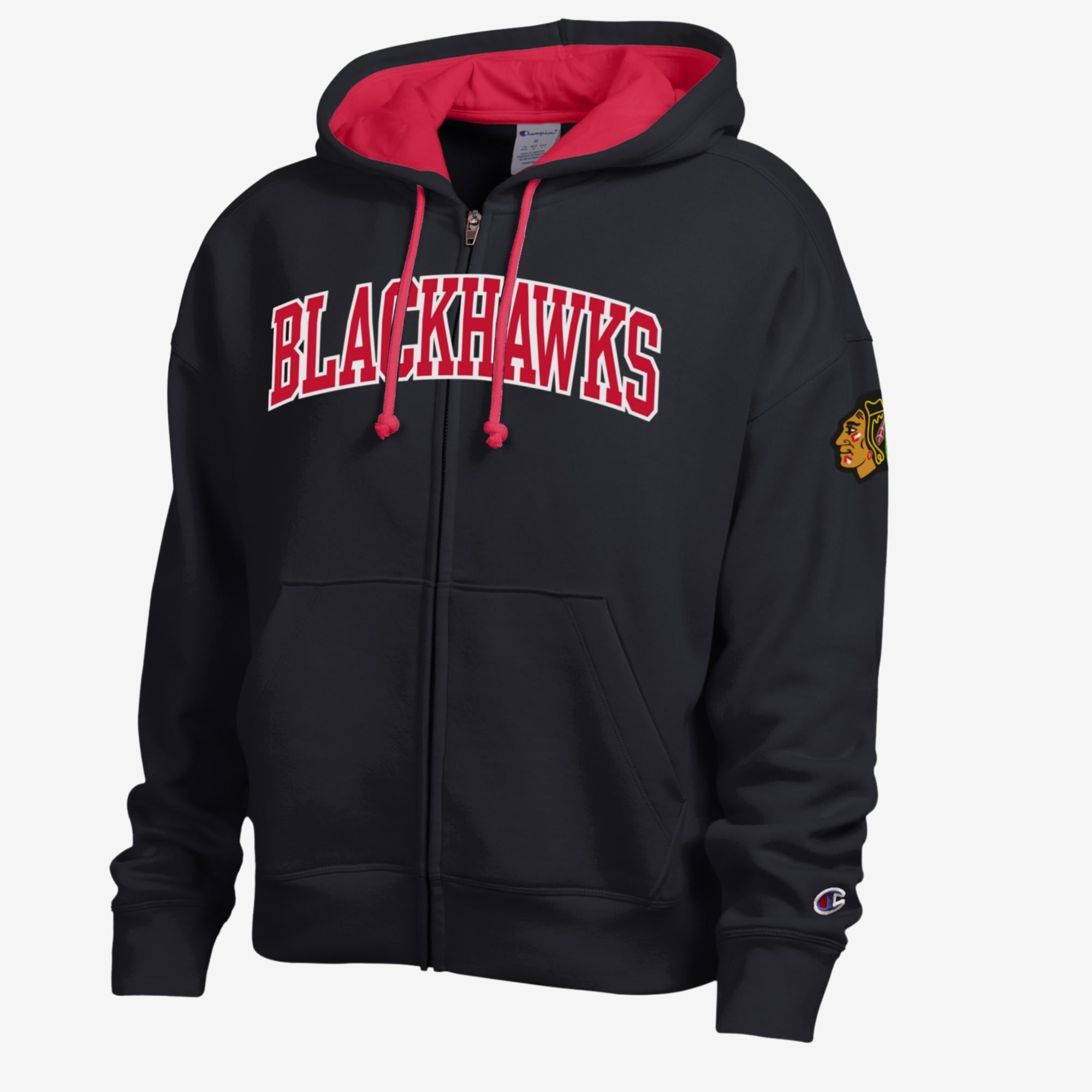 Women's Champion Black/Red Chicago Blackhawks Applique Full-Zip Fleece Hoodie