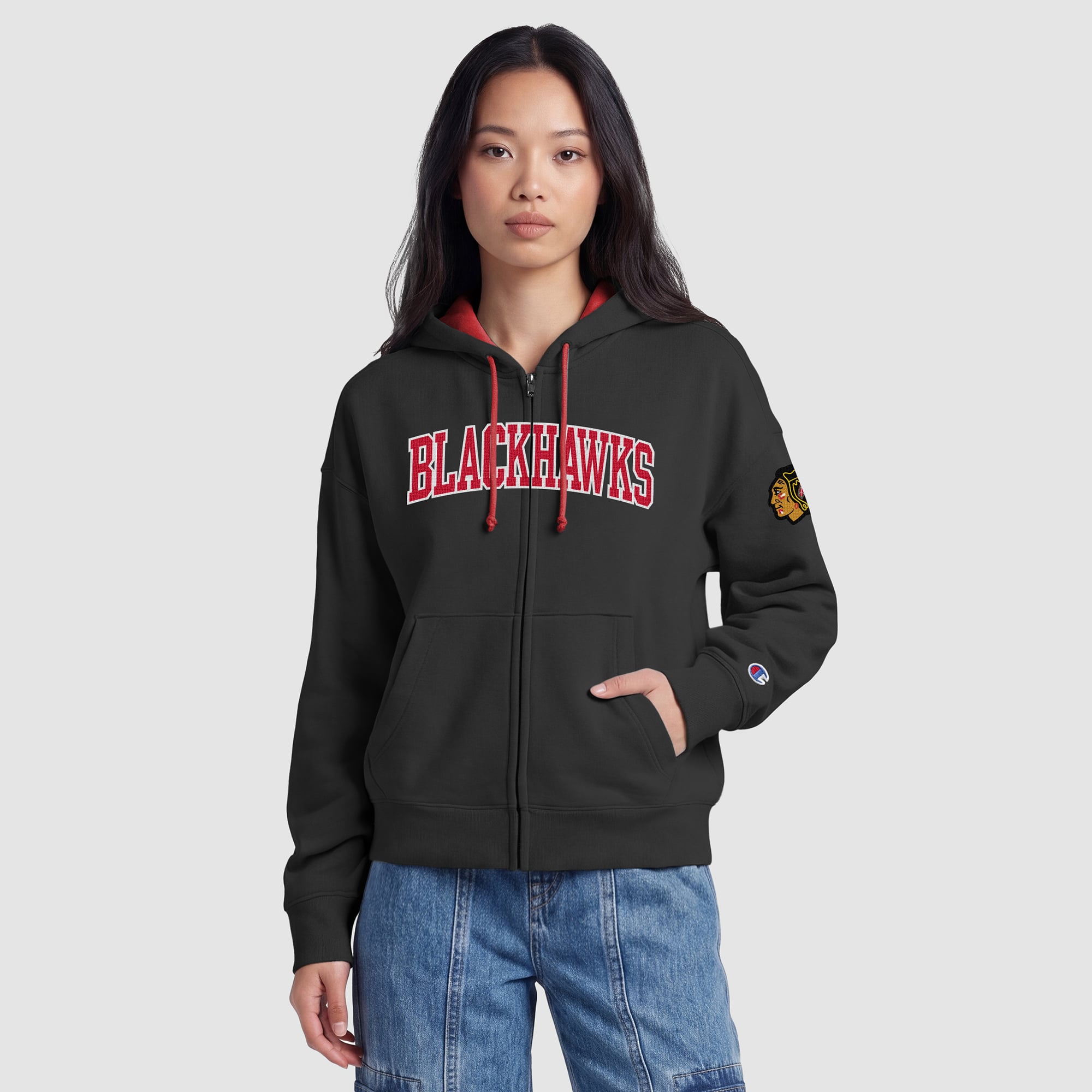 Women's Champion Black/Red Chicago Blackhawks Applique Full-Zip Fleece Hoodie