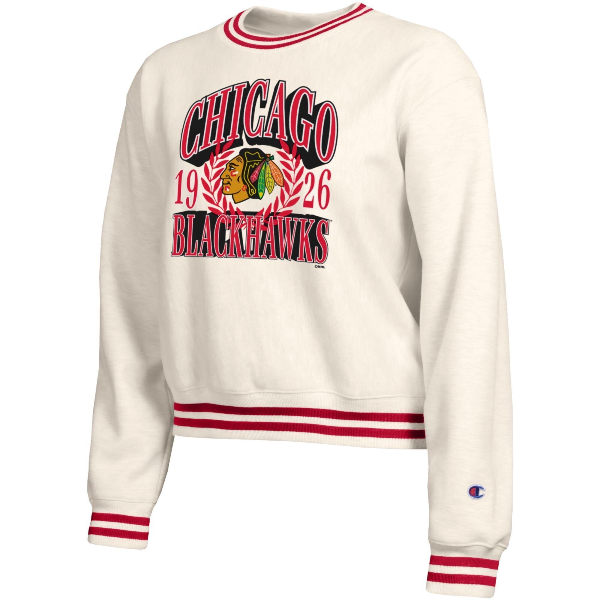 Sweat-shirt Champion crème pour femme, motif Bold Laurels des Blackhawks de Chicago, en fil tissé inversé.