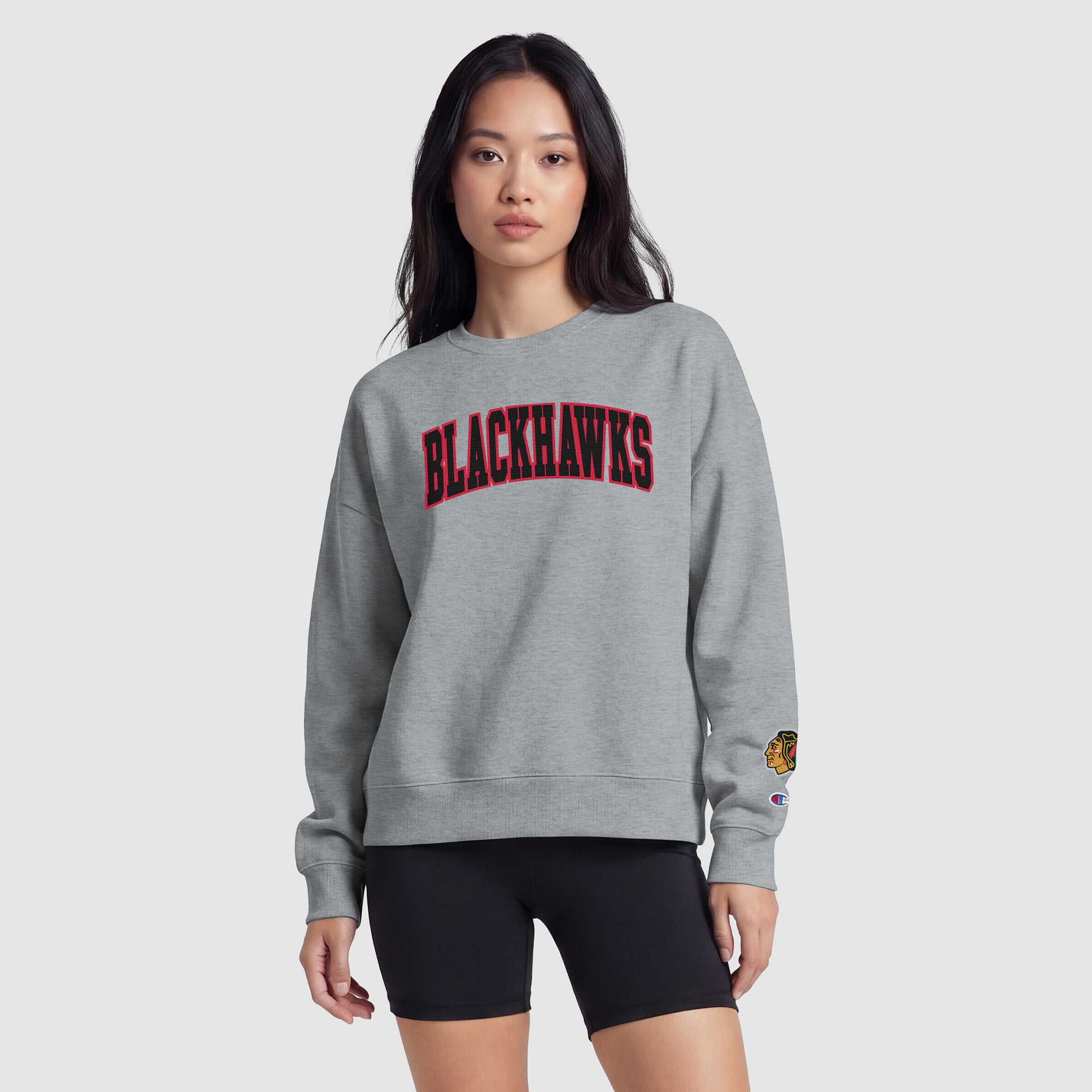 Women's Champion  Heather Gray Chicago Blackhawks Applique Crewneck Sweatshirt