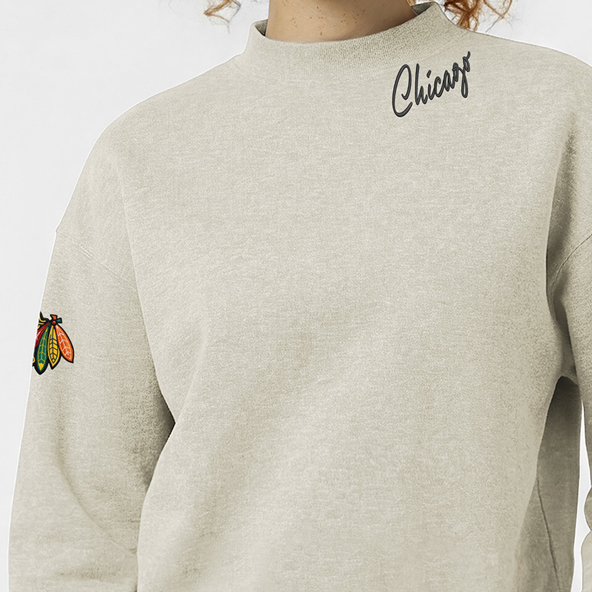 Women's Champion  Oatmeal Chicago Blackhawks Collar Script Triumph Tri-Blend Fleece Sweatshirt