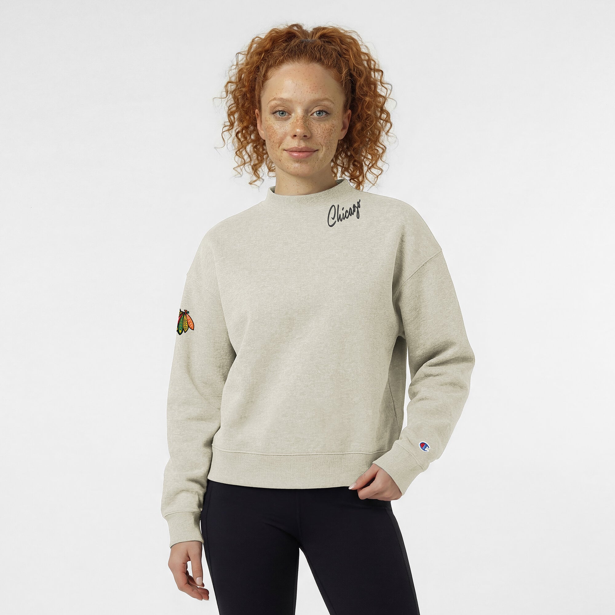Women's Champion  Oatmeal Chicago Blackhawks Collar Script Triumph Tri-Blend Fleece Sweatshirt