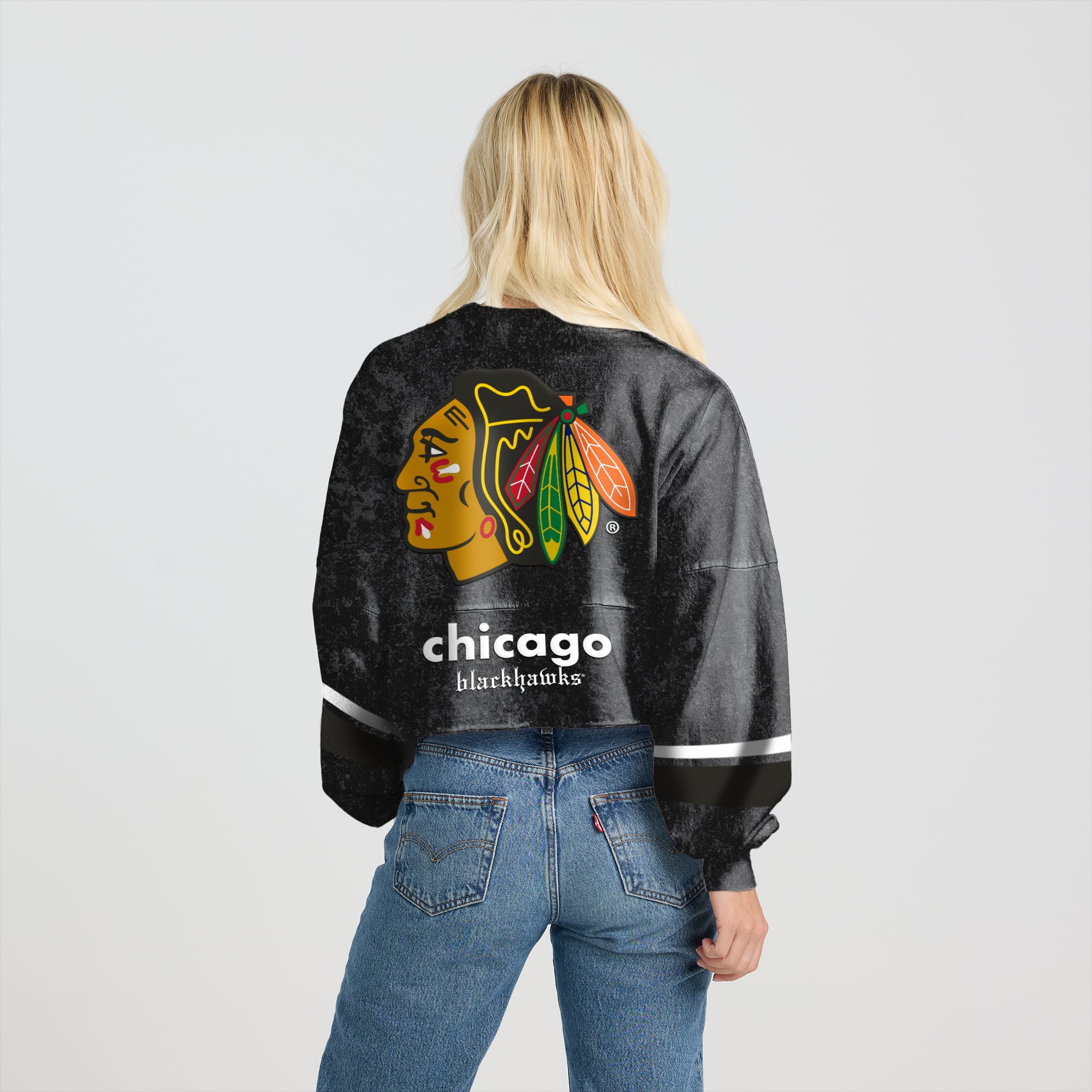 Women's Fanatics Black Chicago Blackhawks Mineral Wash Oversized Long Sleeve Jersey T-Shirt