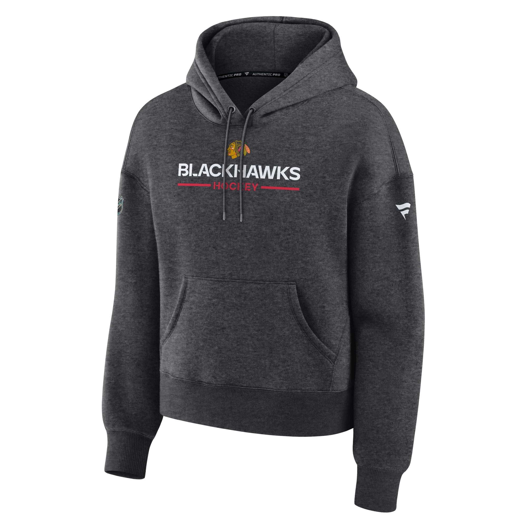 Sweat à capuche authentique Fanatics Blackhawks Chicago Pro Primary pour femme, couleur anthracite.