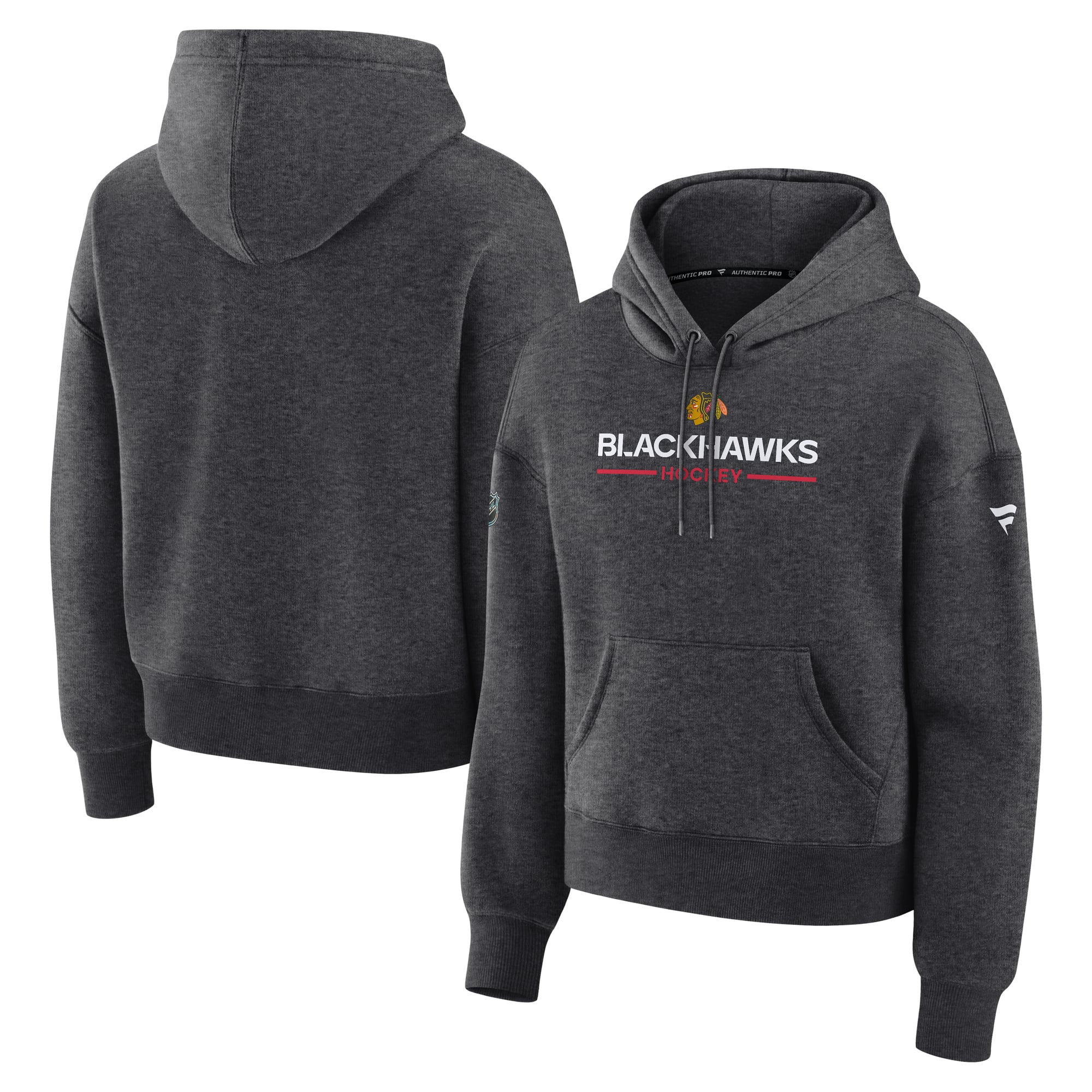 Sweat à capuche authentique Fanatics Blackhawks Chicago Pro Primary pour femme, couleur anthracite.