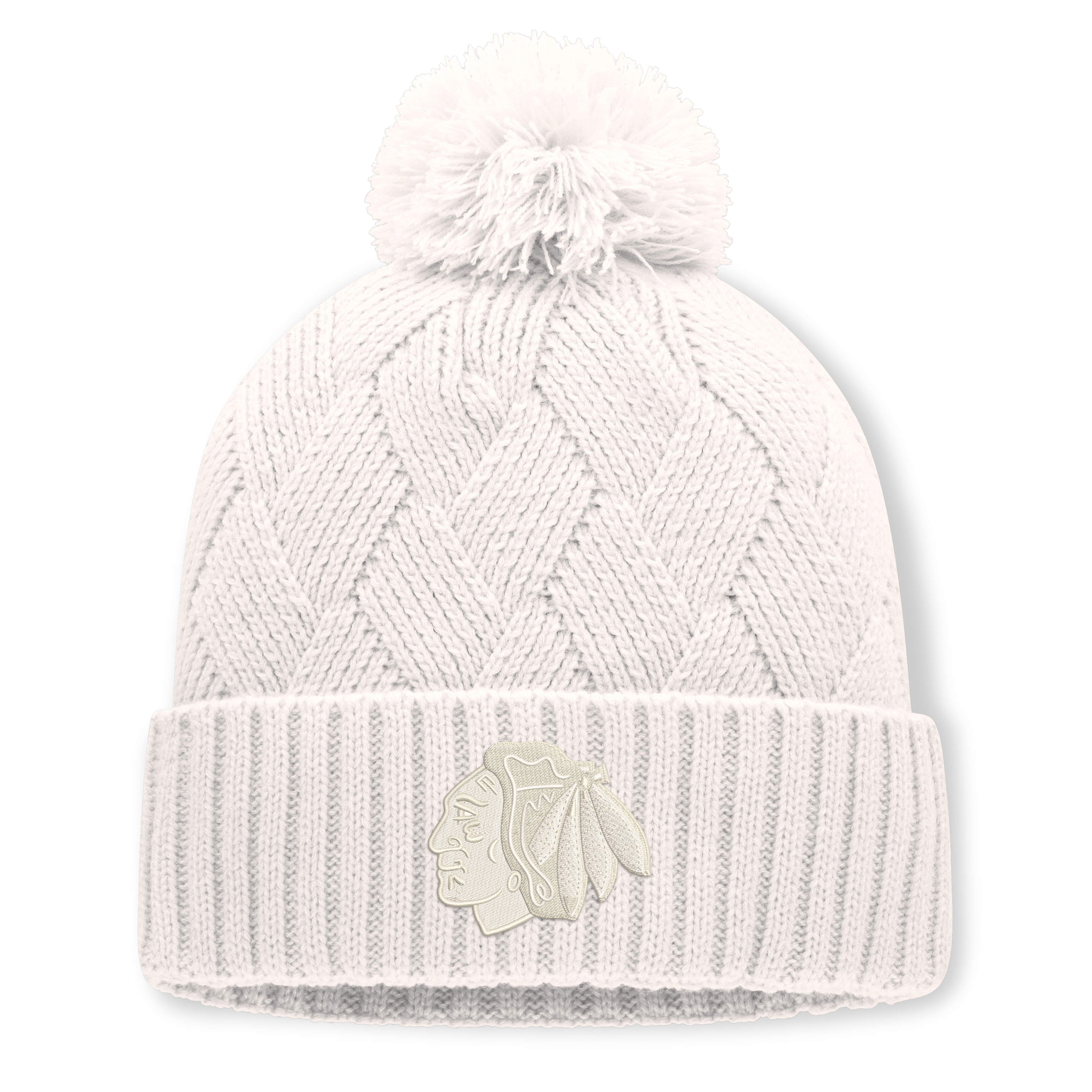 Women's Fanatics Cream Chicago Blackhawks Level Up Cuffed Knit Hat with Pom
