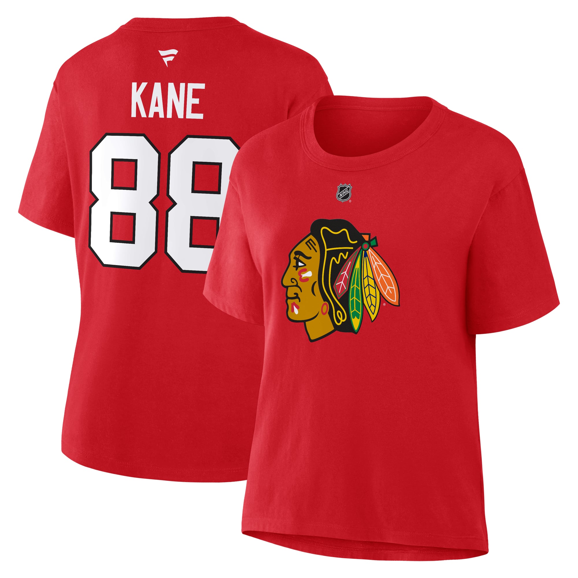 T-shirt authentique Fanatics pour femmes, Patrick Kane rouge, Chicago Blackhawks, nom et numéro superposés