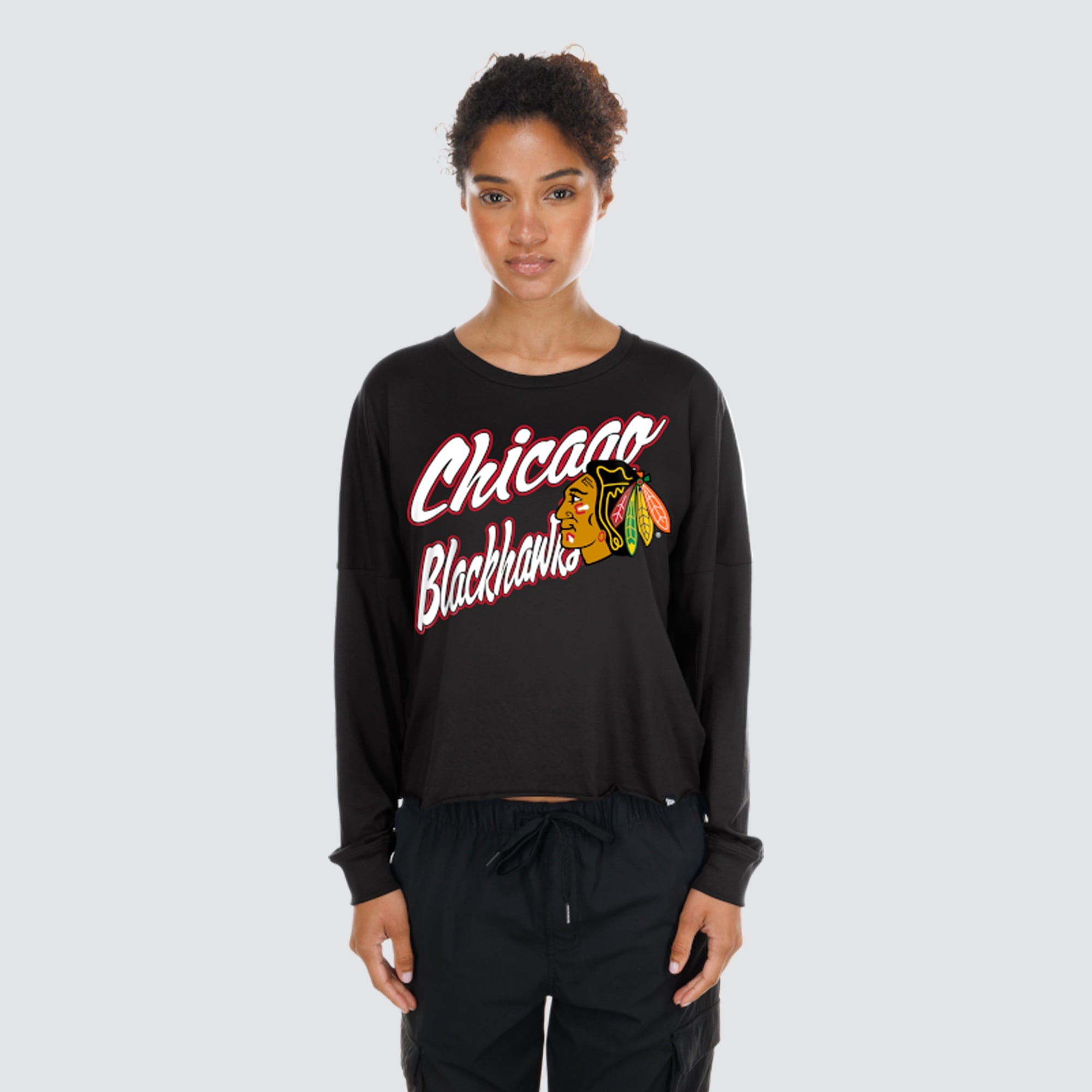T-shirt à manches longues oversize New Era noir Chicago Blackhawks pour femme