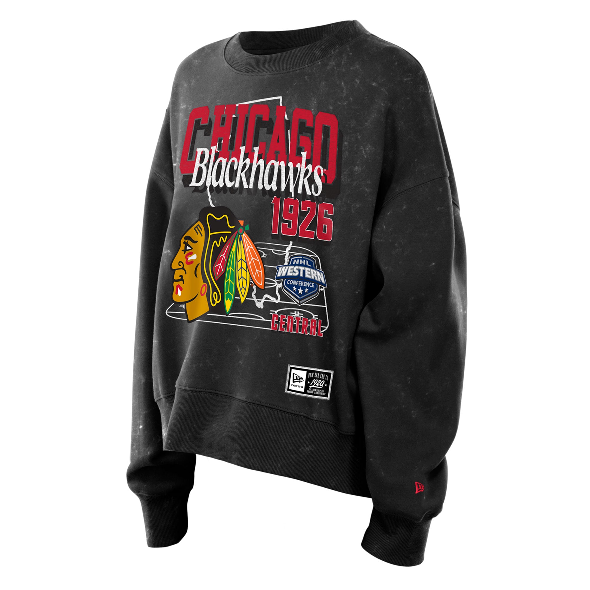 Sweat-shirt à col rond New Era noir pour femme, style rétro, Chicago Blackhawks, en molleton délavé.