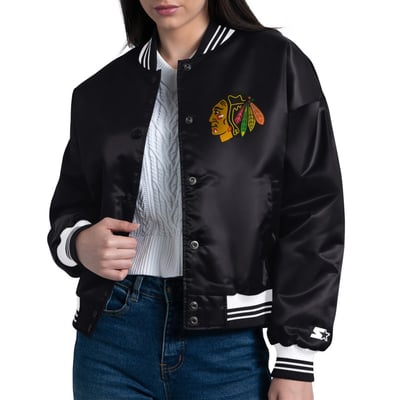  Chicago Blackhawks Starter Women's Arch Stripe Satin Full-Snap Varsity Jacket - Black