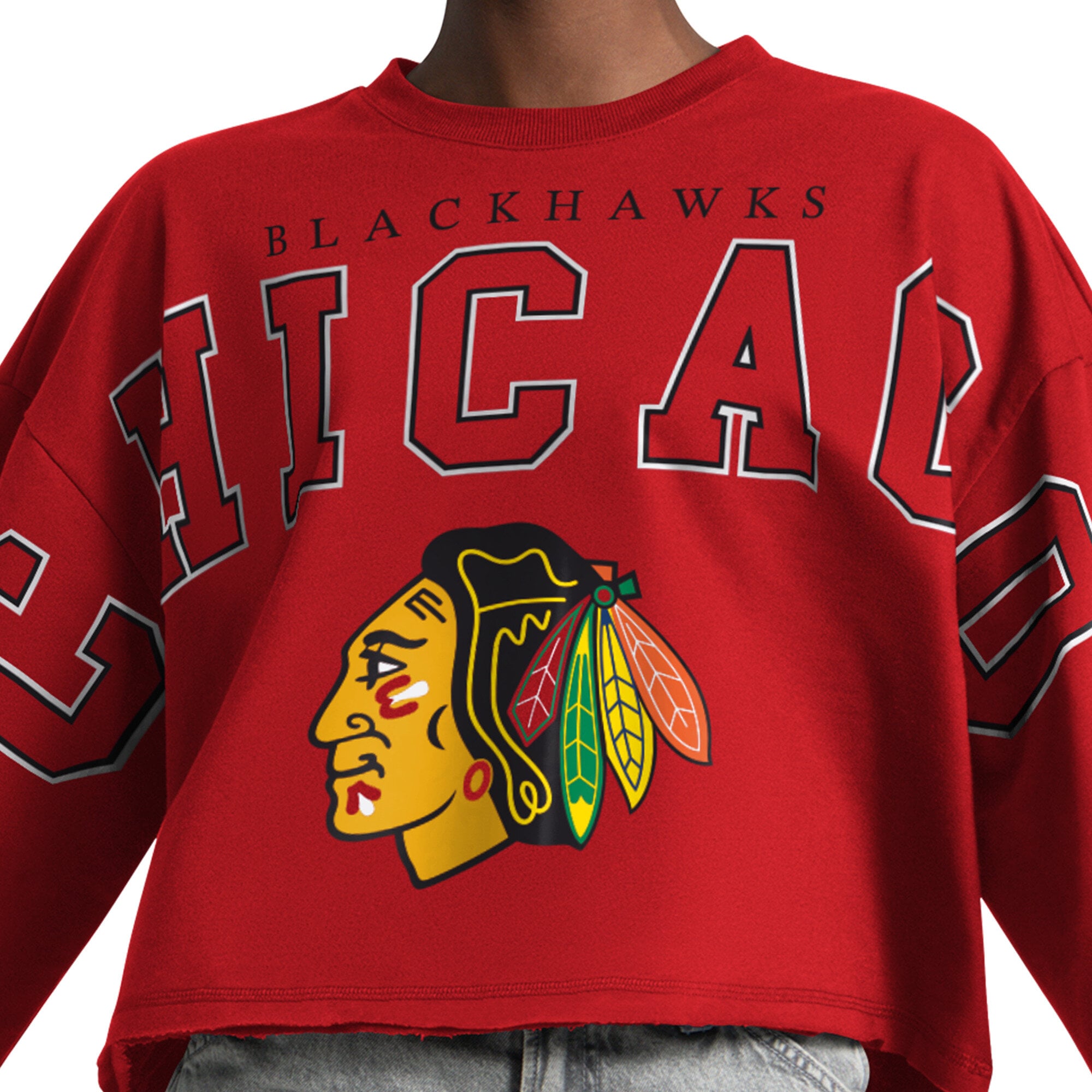 Sweat-shirt court à épaules tombantes Starter rouge pour femme, Chicago Blackhawks Bleachers