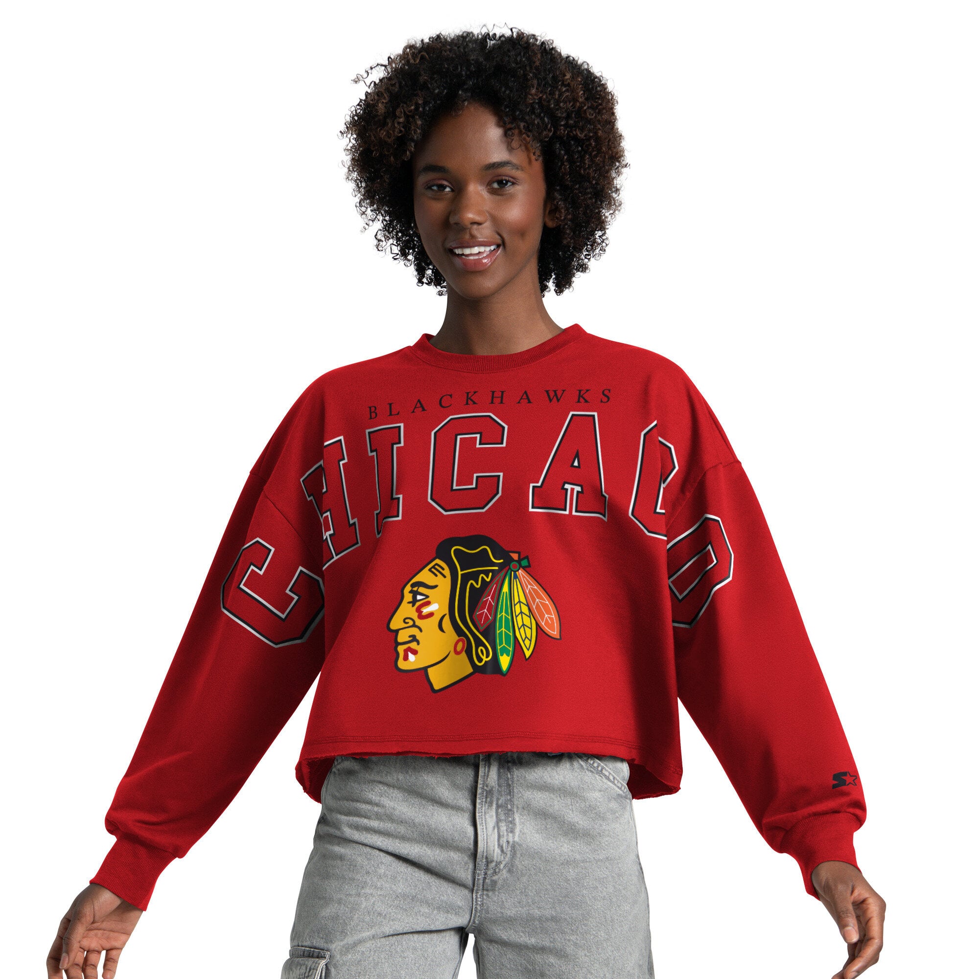 Sweat-shirt court à épaules tombantes Starter rouge pour femme, Chicago Blackhawks Bleachers