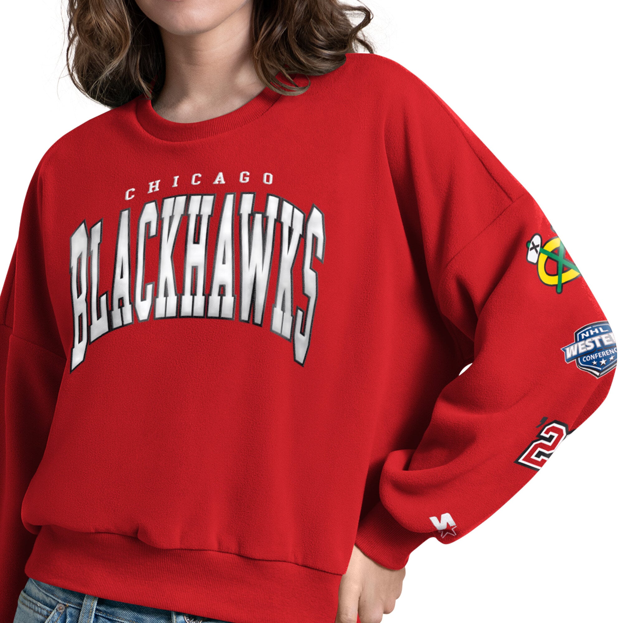 Sweat-shirt Starter rouge pour femme, motif appliqué Chicago Blackhawks Fan Catch sur la manche