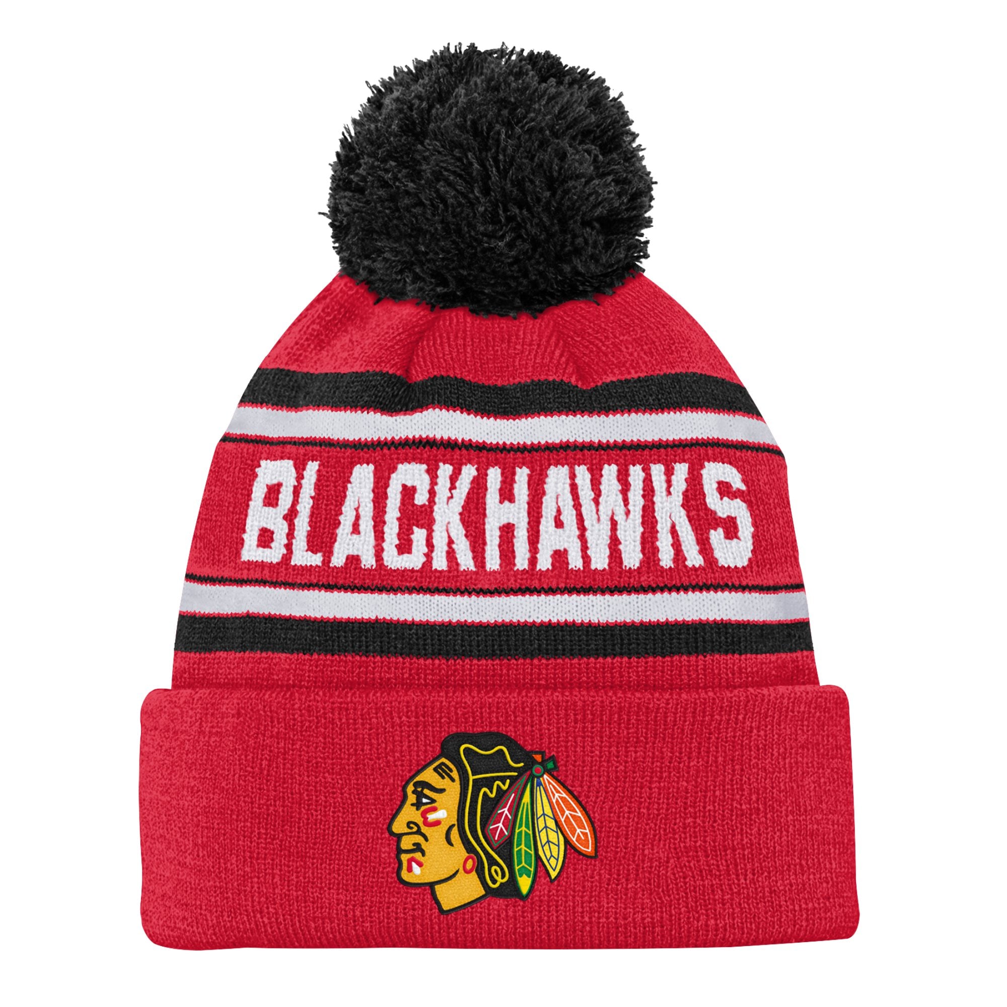 Bonnet en tricot à revers en jacquard rouge pour jeunes Chicago Blackhawks avec pompon