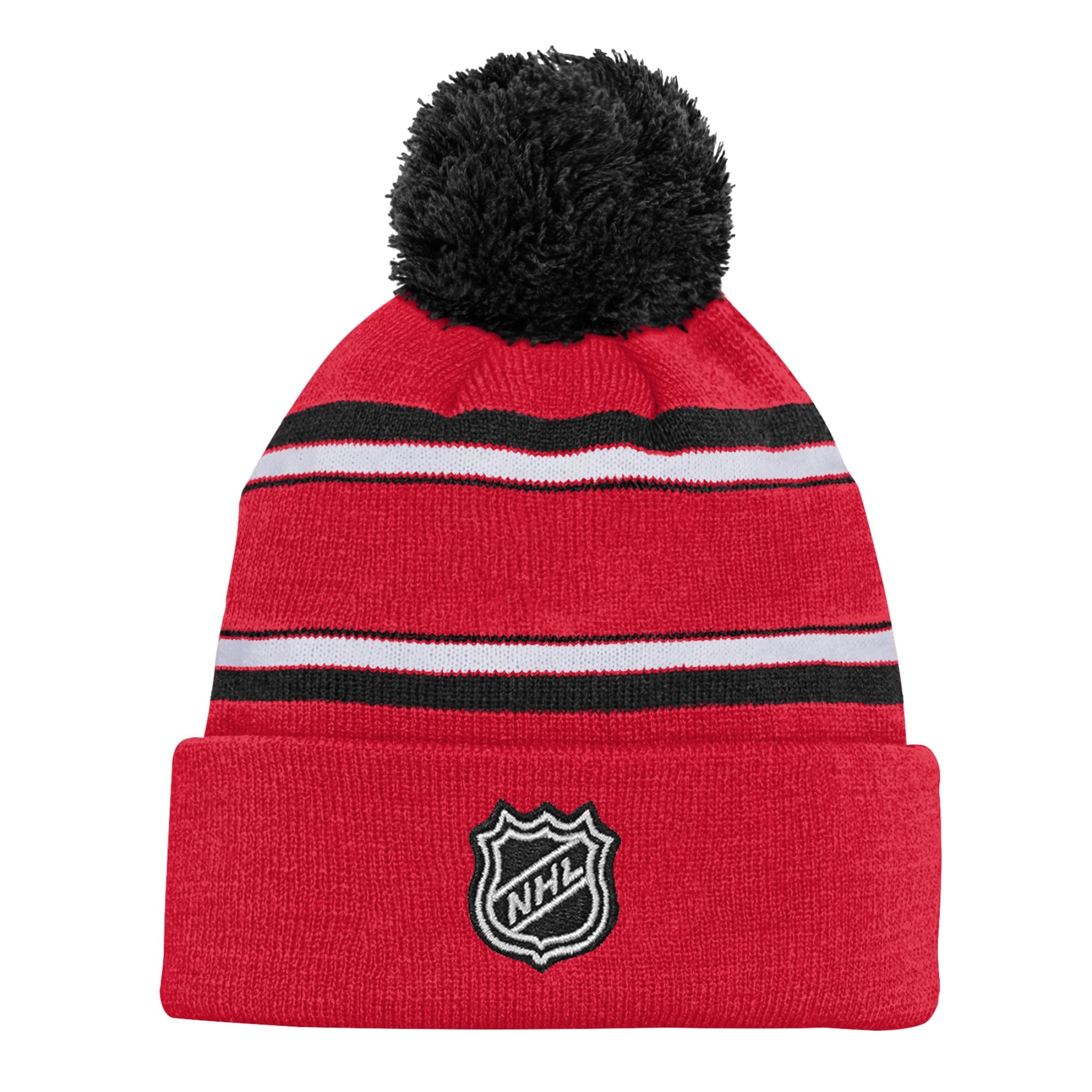 Bonnet en tricot à revers en jacquard rouge pour jeunes Chicago Blackhawks avec pompon