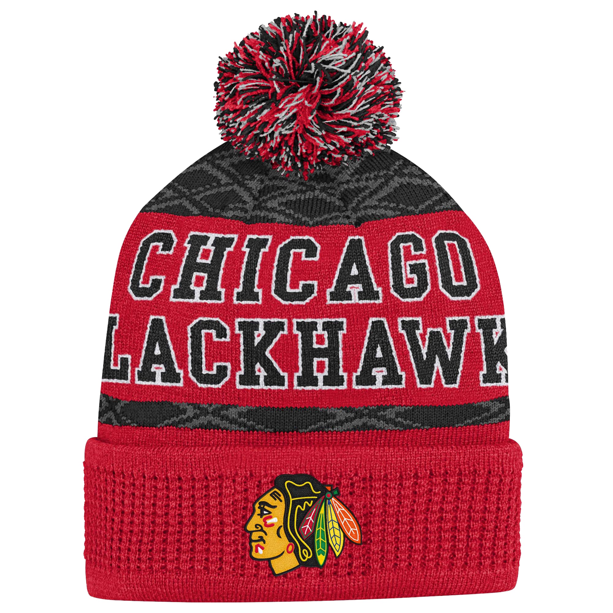 Youth Chicago Blackhawks Red Puck Cuffed Knit Hat with Pom