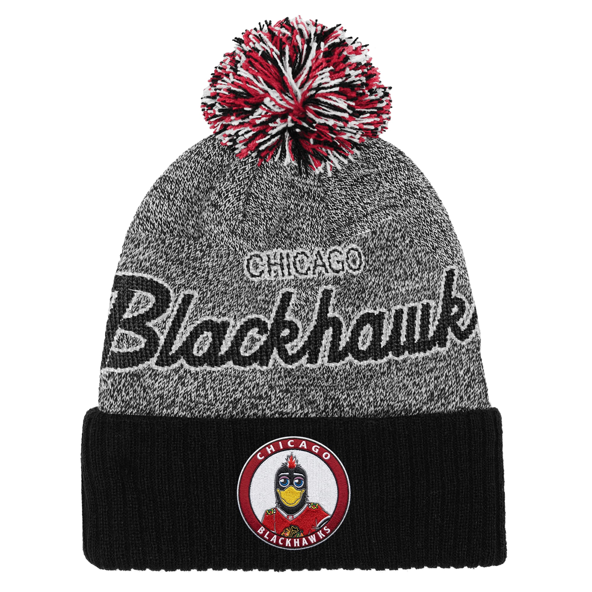 Bonnet à revers Mitchell & Ness noir et gris à l'effigie de la mascotte des Blackhawks de Chicago, avec pompon.