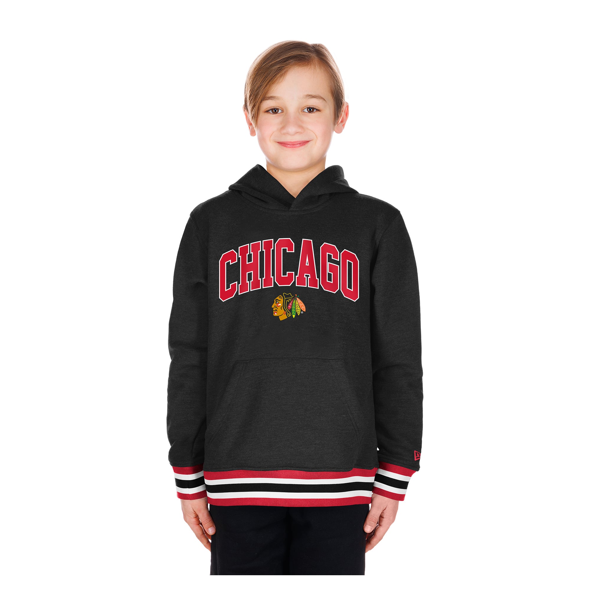 Youth New Era Black Chicago Blackhawks Knit Trim Pullover Hoodie