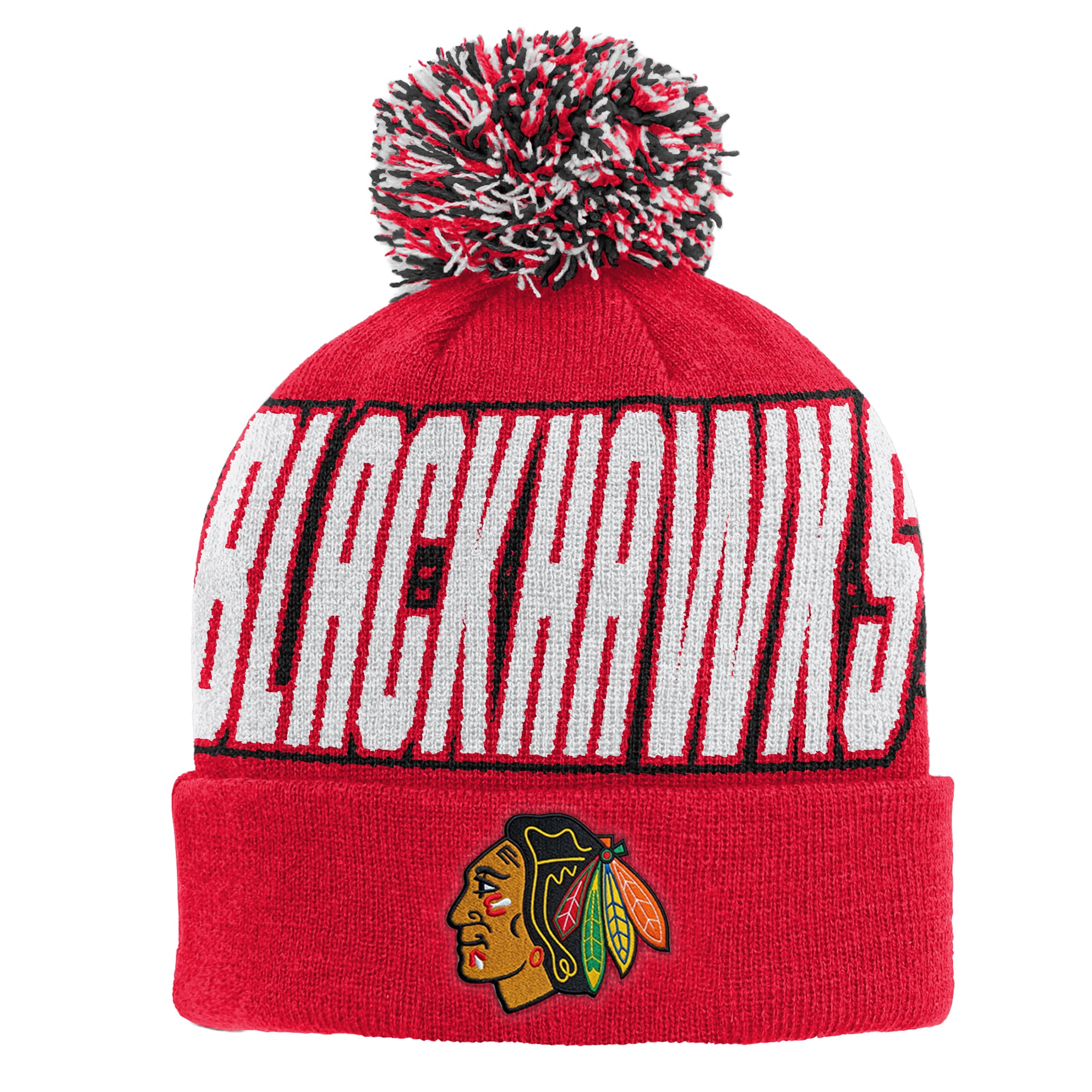 Bonnet tricoté à revers rouge Chicago Blackhawks pour enfant Outerstuff avec pompon