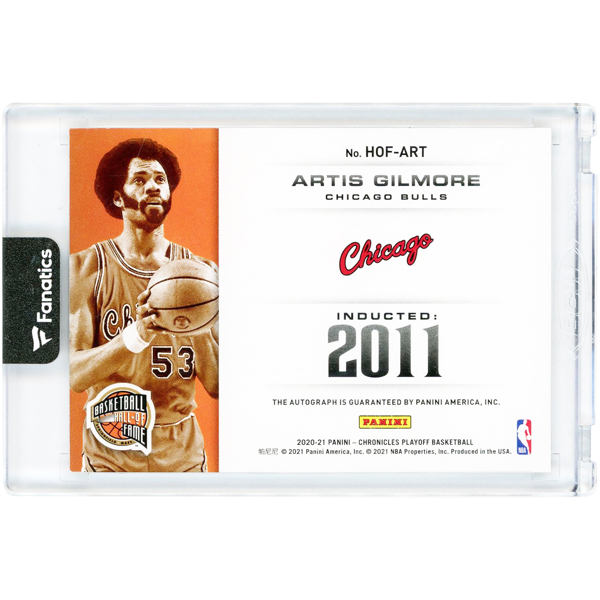 Carte autographiée par Artis Gilmore des Chicago Bulls, saison 2020-2021, Panini Chronicles Playoff Basketball Hall of Fame #HOF-ART #198/199