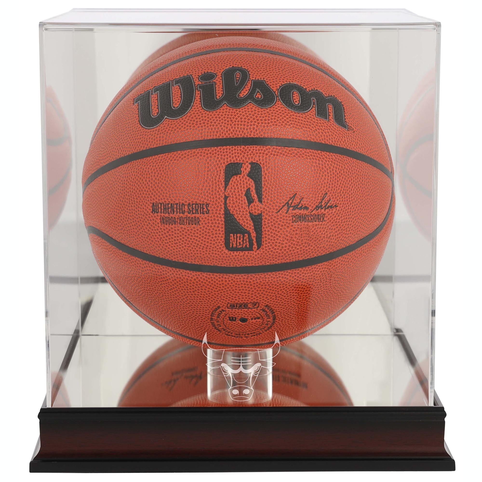 Vitrine de basket-ball avec logo de l'équipe des Chicago Bulls en acajou et dos miroir