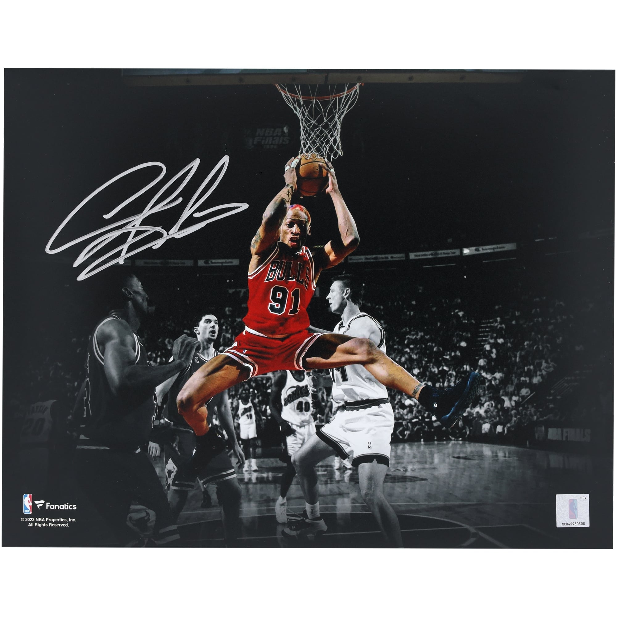Dennis Rodman Chicago Bulls Autographed 11" x 14" Rebound Spotlight Photograph - Signed in Silver Ink