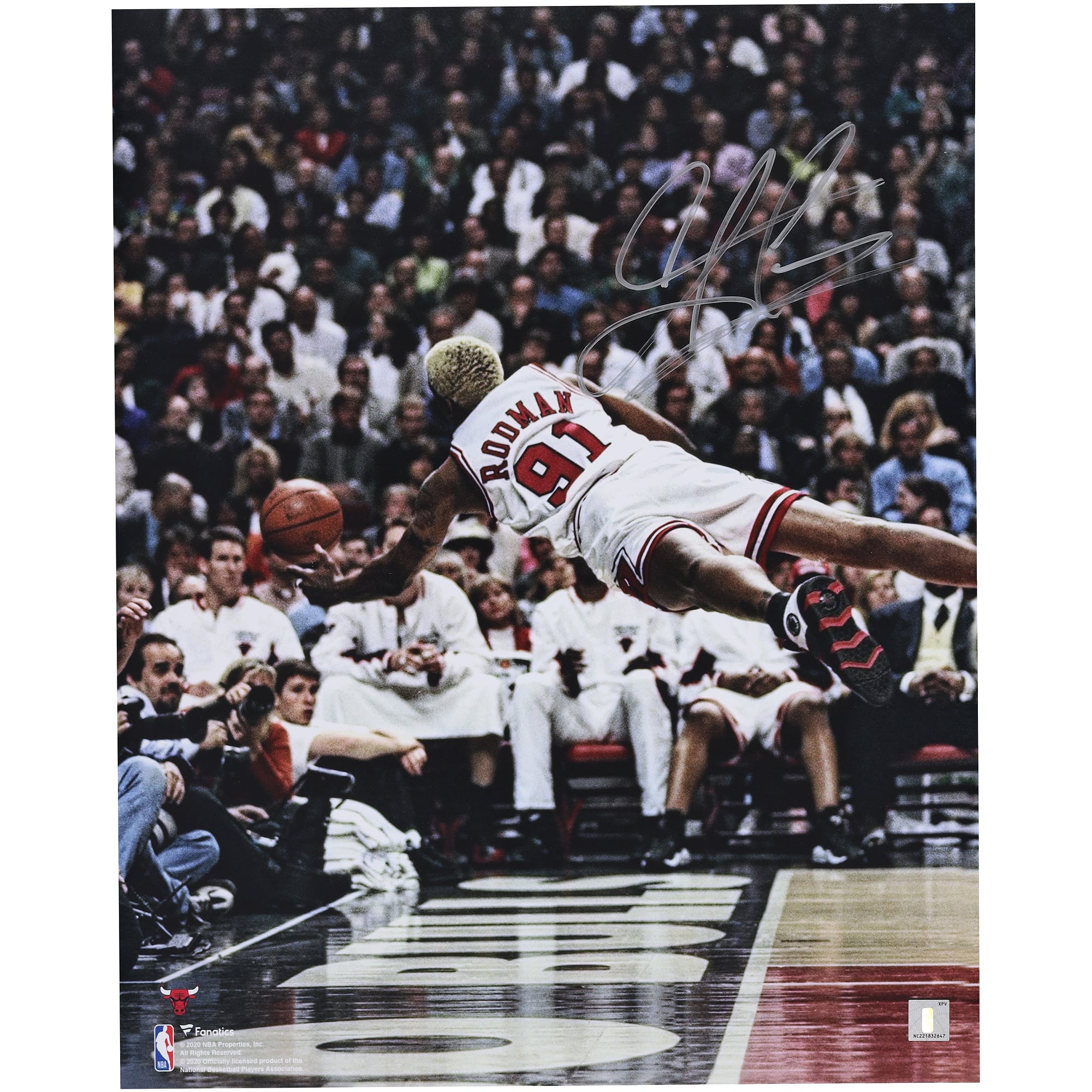 Dennis Rodman Chicago Bulls Autographed 16" x 20" Diving Photograph - Signed in Silver