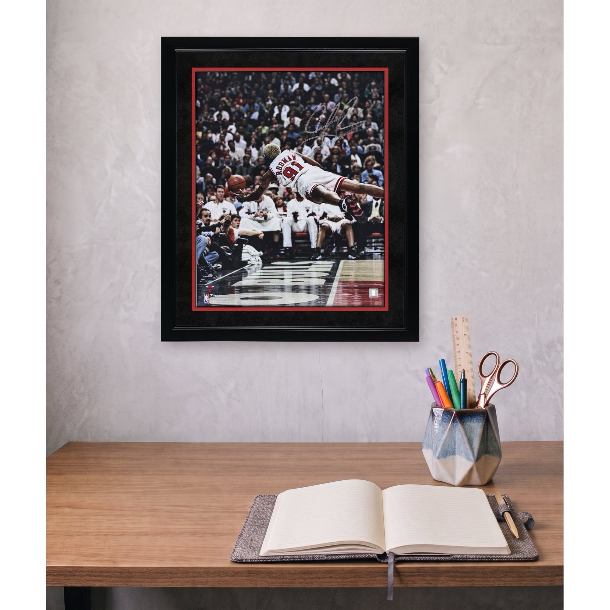 Dennis Rodman Chicago Bulls Autographed 16" x 20" Diving Photograph - Signed in Silver