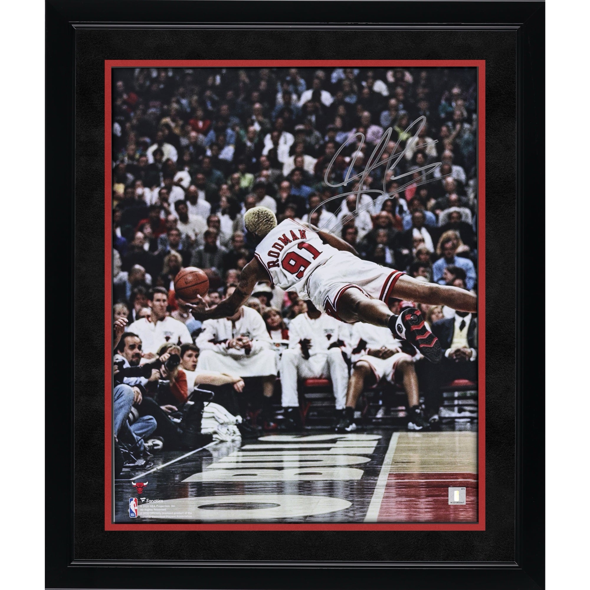Dennis Rodman Chicago Bulls Autographed 16" x 20" Diving Photograph - Signed in Silver