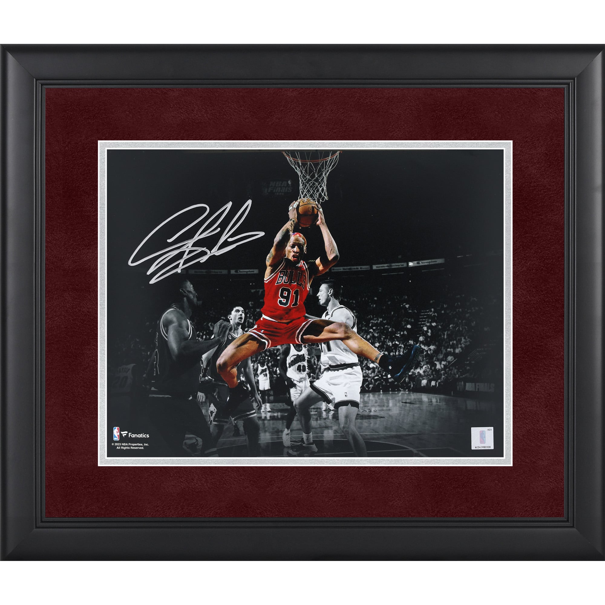Photo encadrée et autographiée de Dennis Rodman (Chicago Bulls), format 11 x 14 pouces), signée à l'encre argentée.