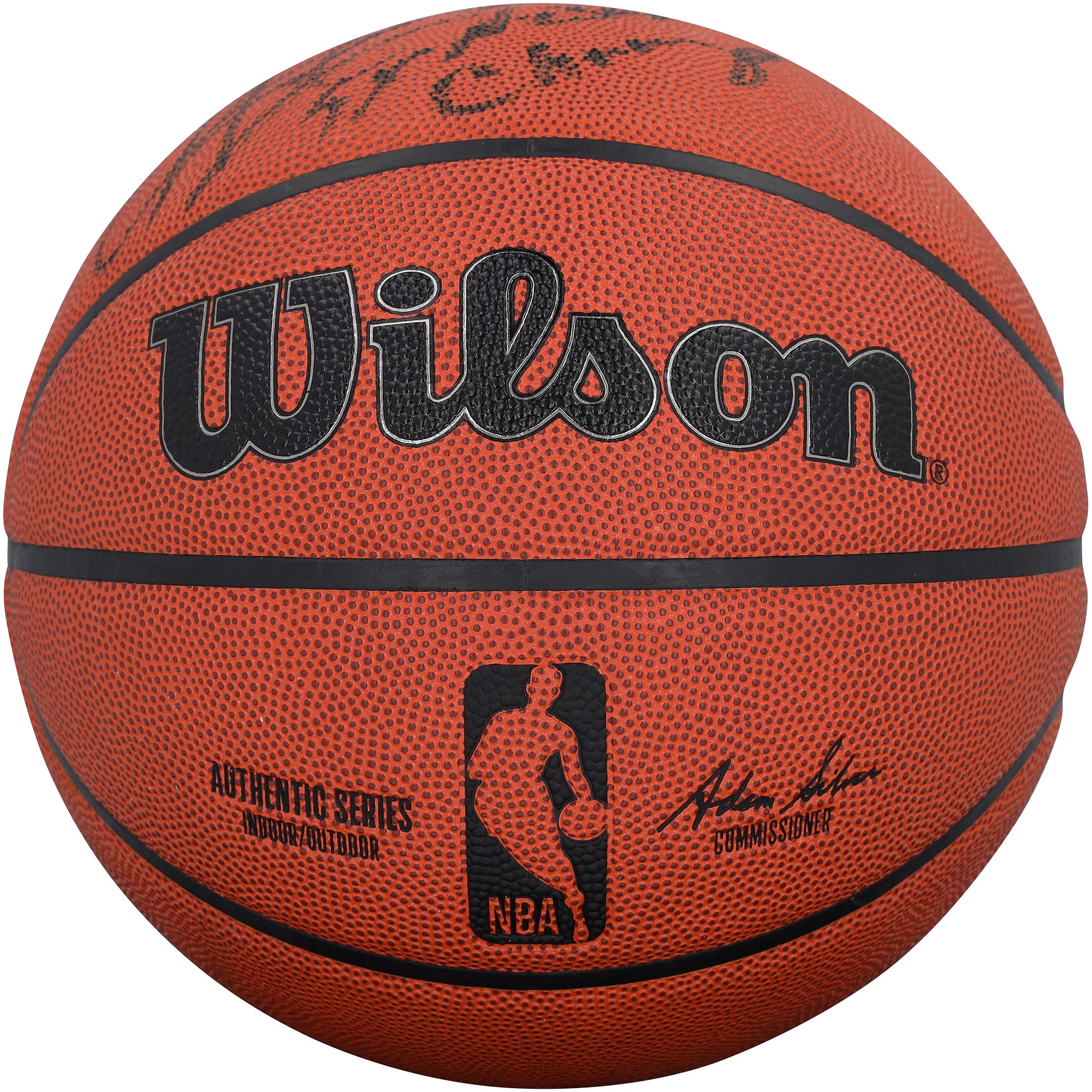 Ballon de basket-ball Wilson Authentic Series autographié par Dennis Rodman des Chicago Bulls, pour intérieur et extérieur, avec inscription « 5X Champion ».