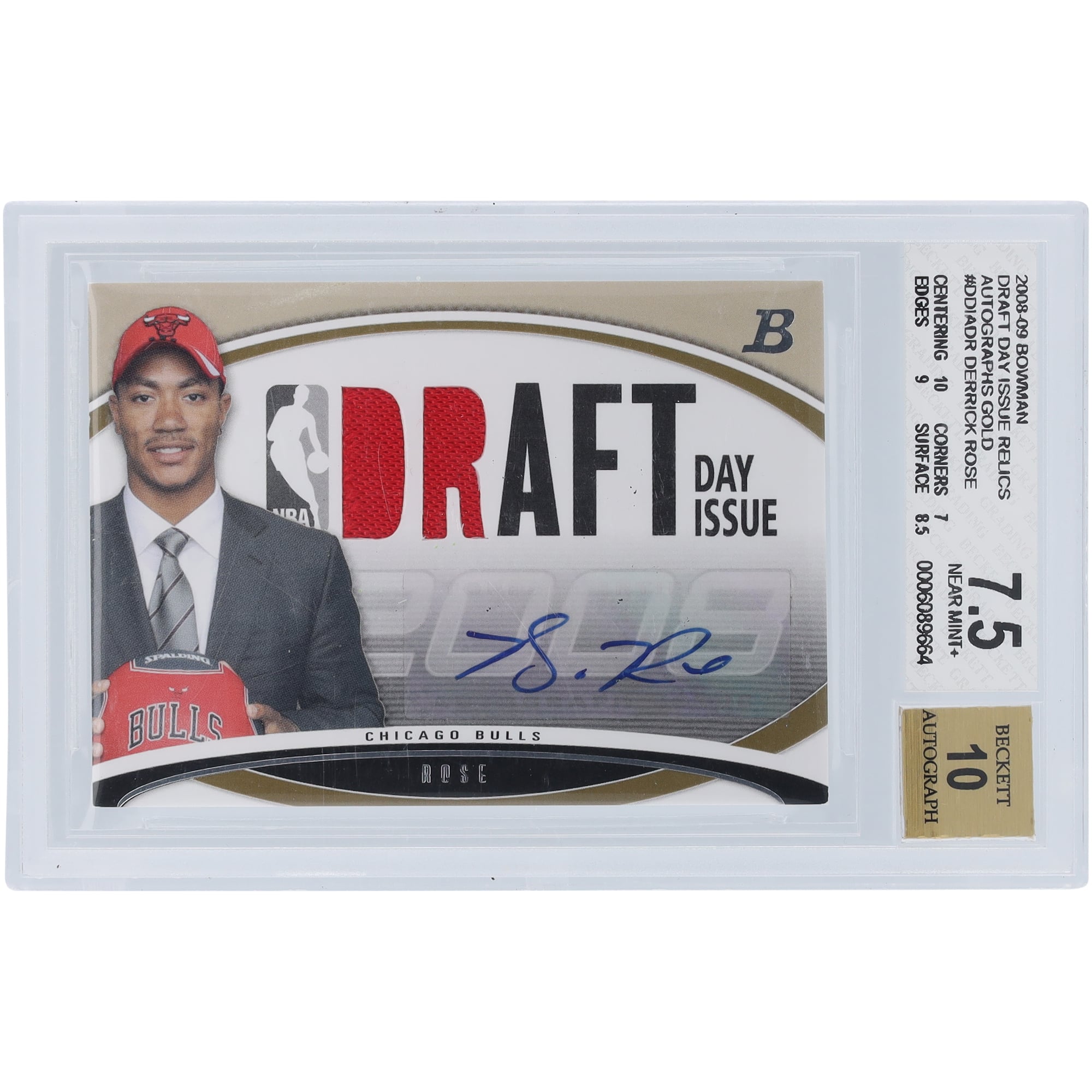 Carte recrue authentifiée 7,5/10 BGS 2008-09 Bowman Draft Day Relic Gold #DDIA-DR #8/10 des Chicago Bulls - Sous-grades 10,7,9,8,5