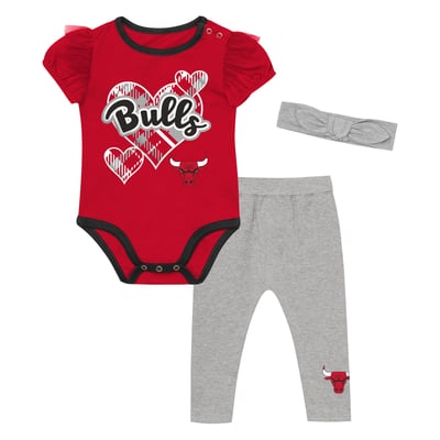 Chicago Bulls Outerstuff Girls Infant Team Heart Bodysuit, Pants & Headband Set - Red/Gray