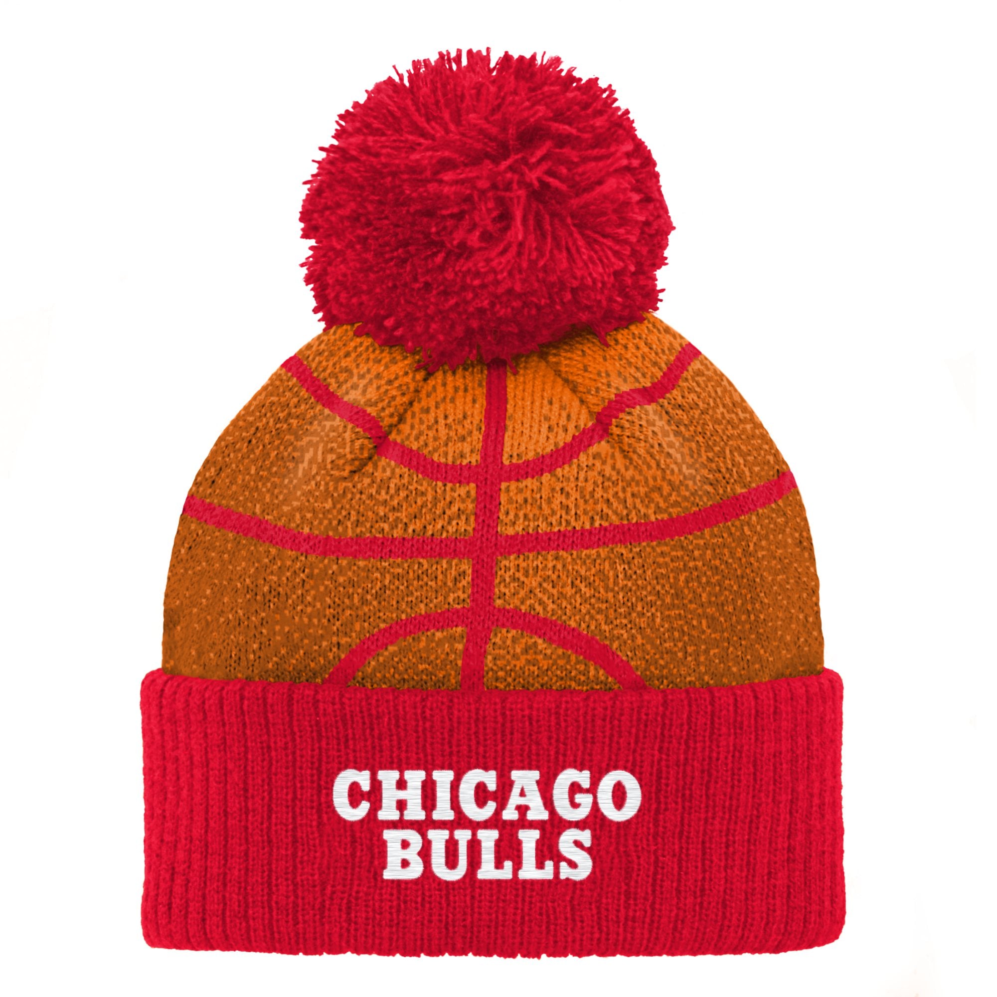Bonnet en tricot à revers avec tête de basket-ball des Chicago Bulls rouges pour bébé avec pompon