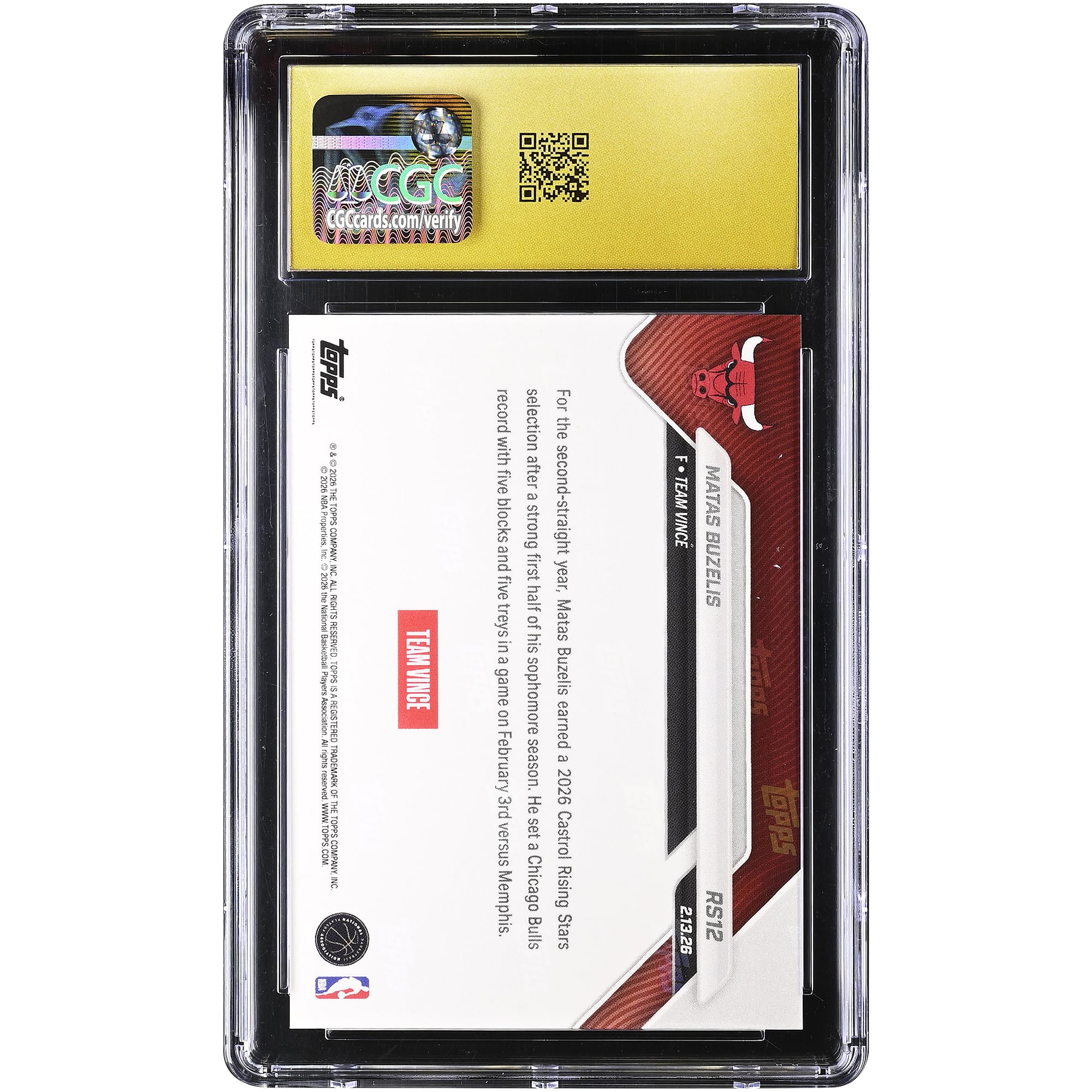 Matas Buzelis Chicago Bulls 2025-26 Topps Now Rising Stars Foil #RS12 CGC Authenticated PRISTINE 10 Card