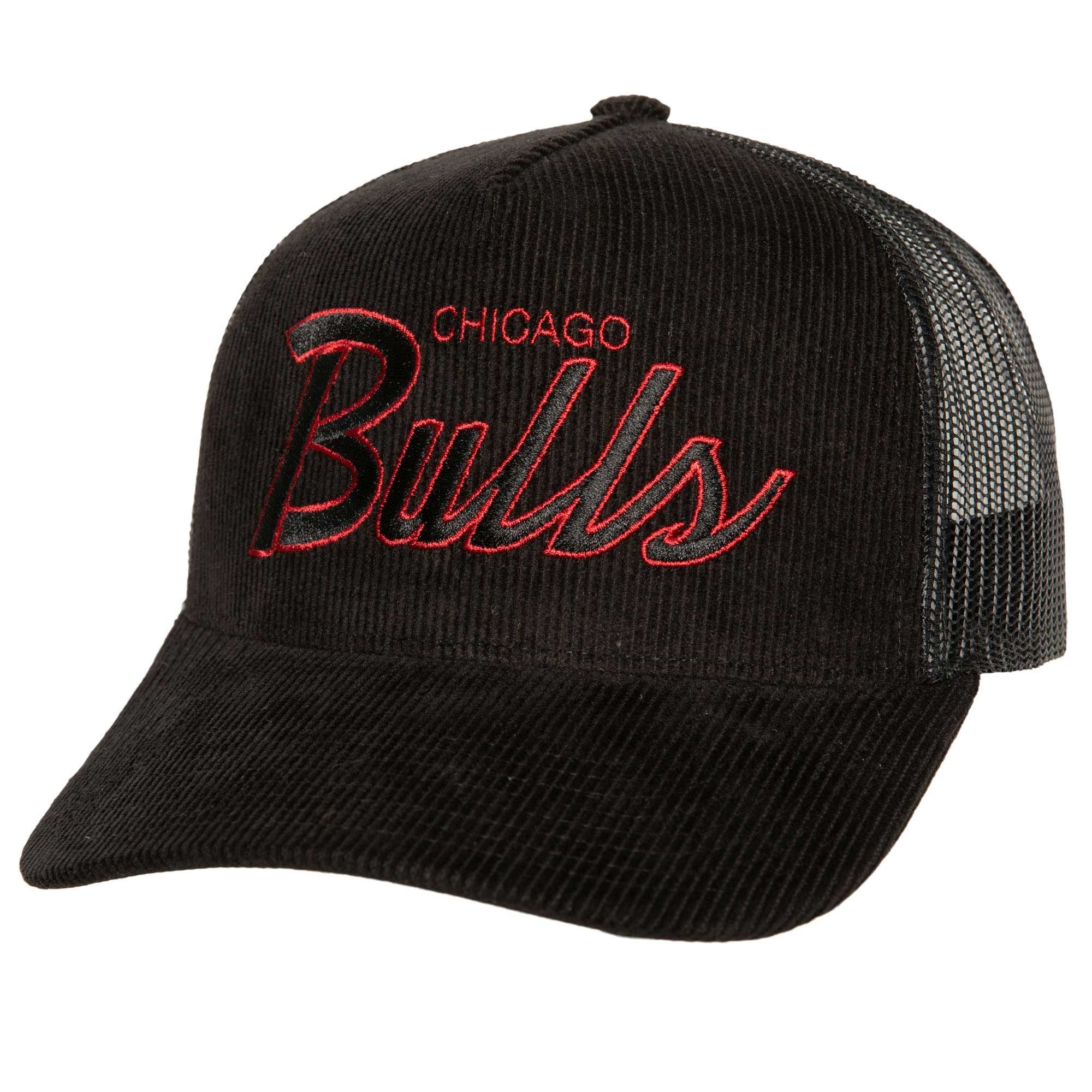 Men's Chicago Bulls Mitchell & Ness Black Times Up Classic Script Cord Trucker Hat