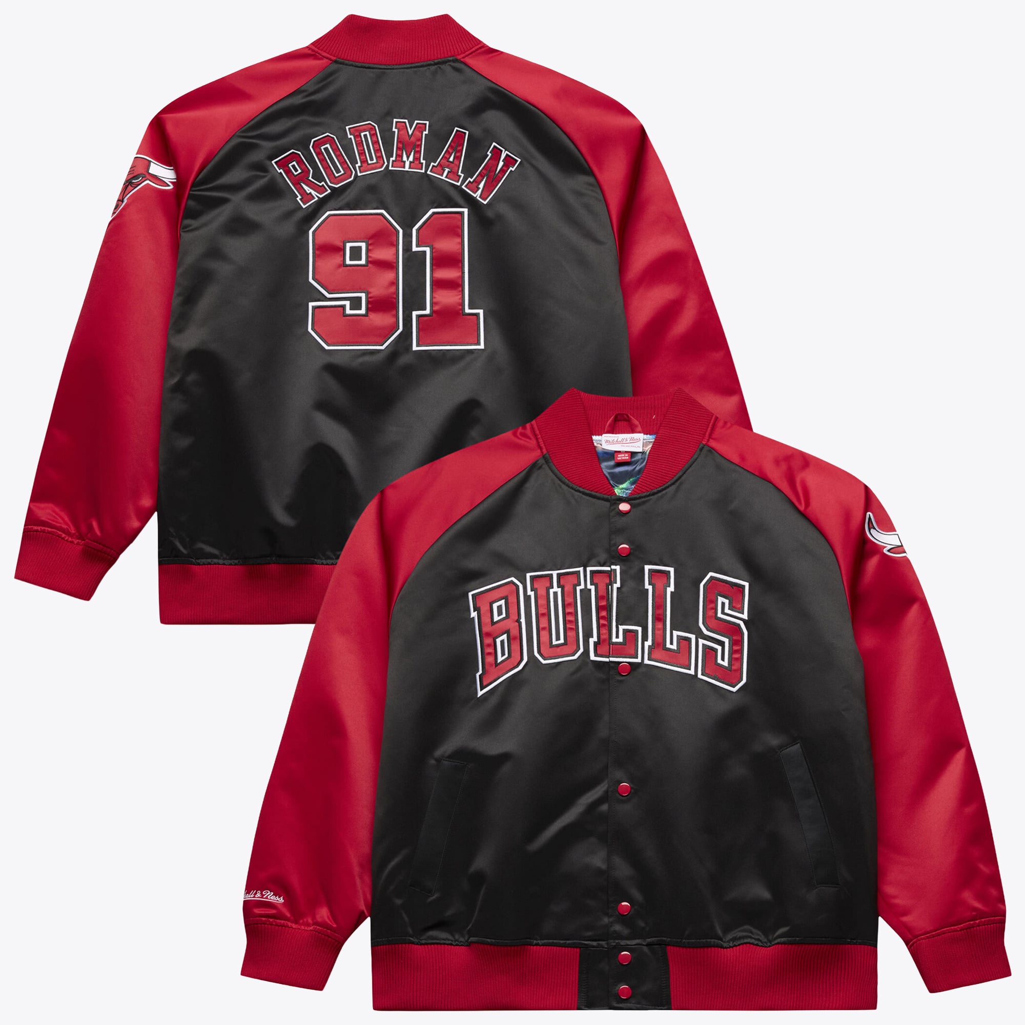 Veste légère en satin à boutons-pression Mitchell & Ness Dennis Rodman, joueur des Chicago Bulls, pour homme