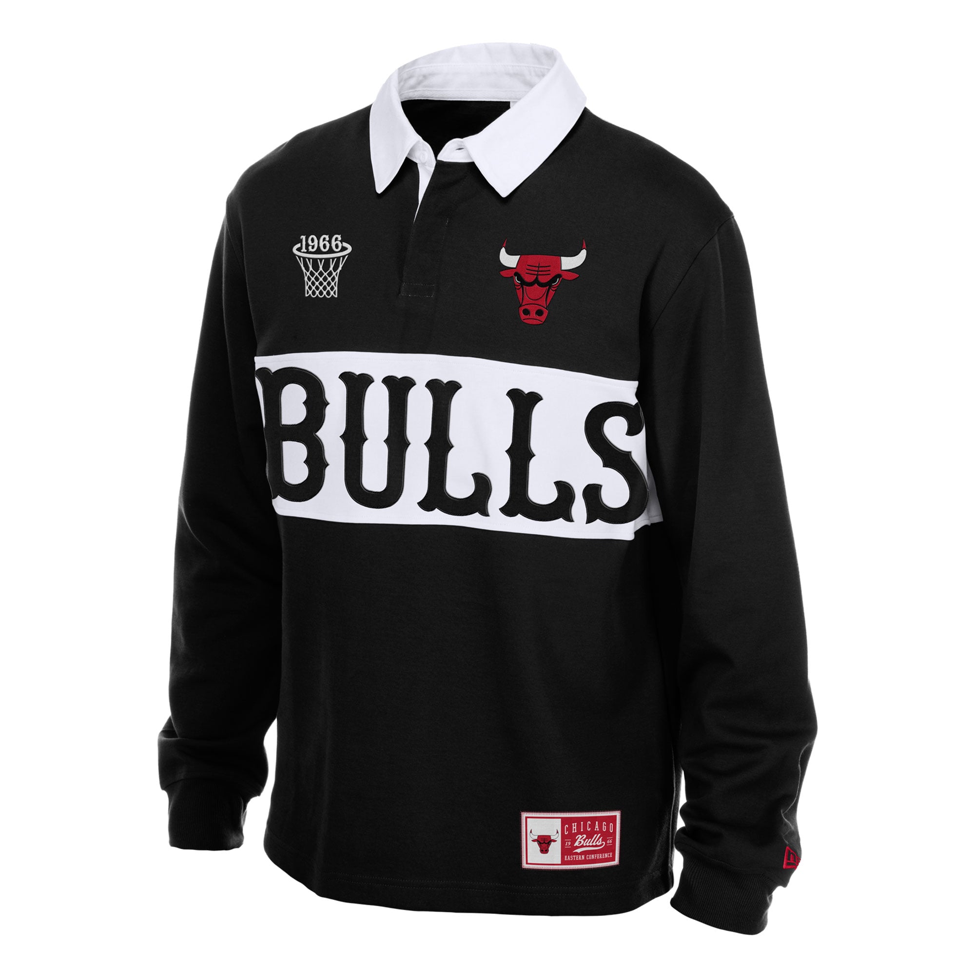 Polo de rugby à manches longues New Era noir Chicago Bulls pour homme