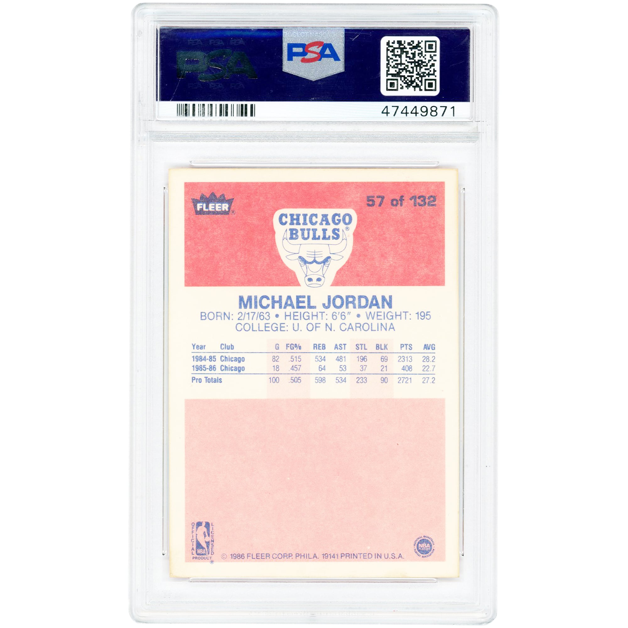 Carte de recrue Michael Jordan Chicago Bulls 1986-87 Fleer n° 57 authentifiée PSA 6