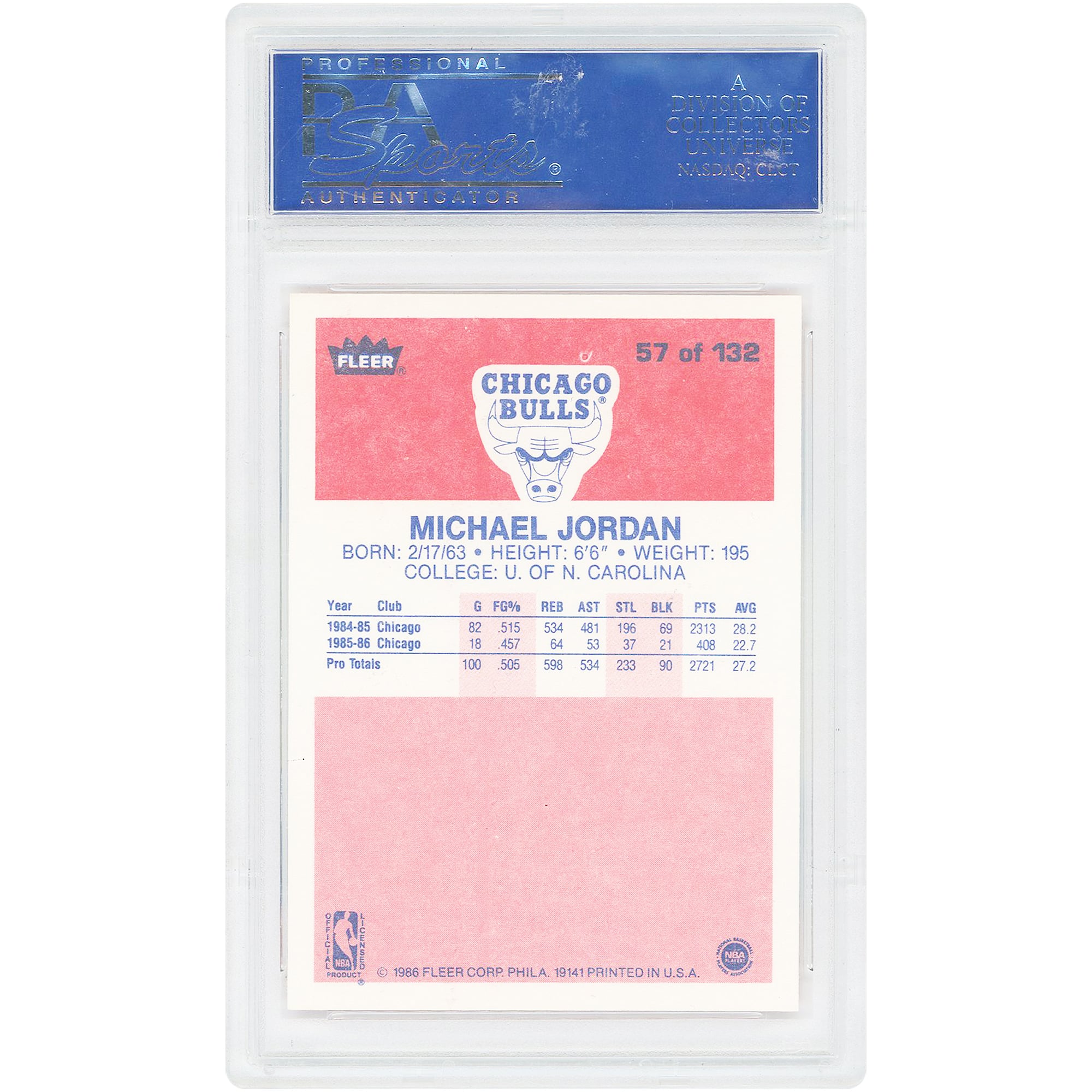 Michael Jordan Chicago Bulls 1986-87 Fleer #57 PSA Authenticated 8 Rookie Card