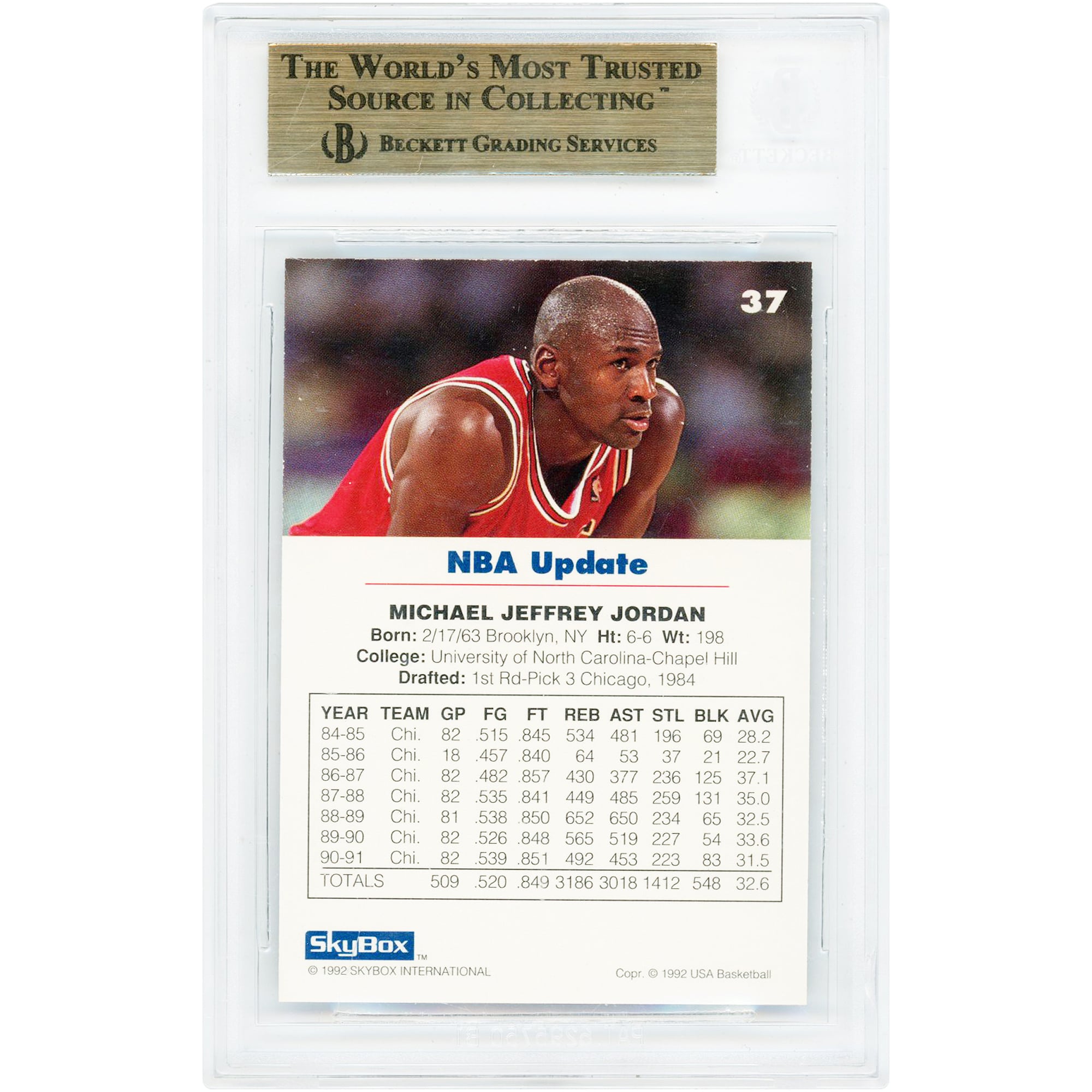 Michael Jordan Chicago Bulls 1992 Skybox USA #37 BGS Authenticated 9.5 Card - 9.5,9.5,9,9.5 Subgrades