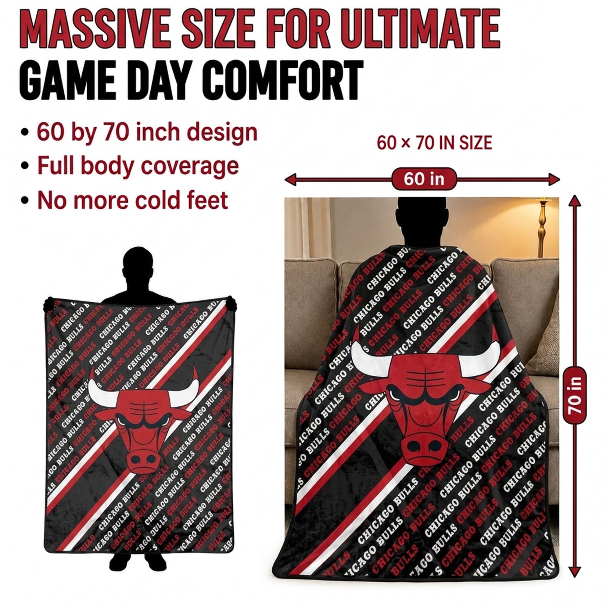Couverture ultra douce Pegasus Chicago Bulls, 152 x 178 cm (diagonale), doublée, avec logo.