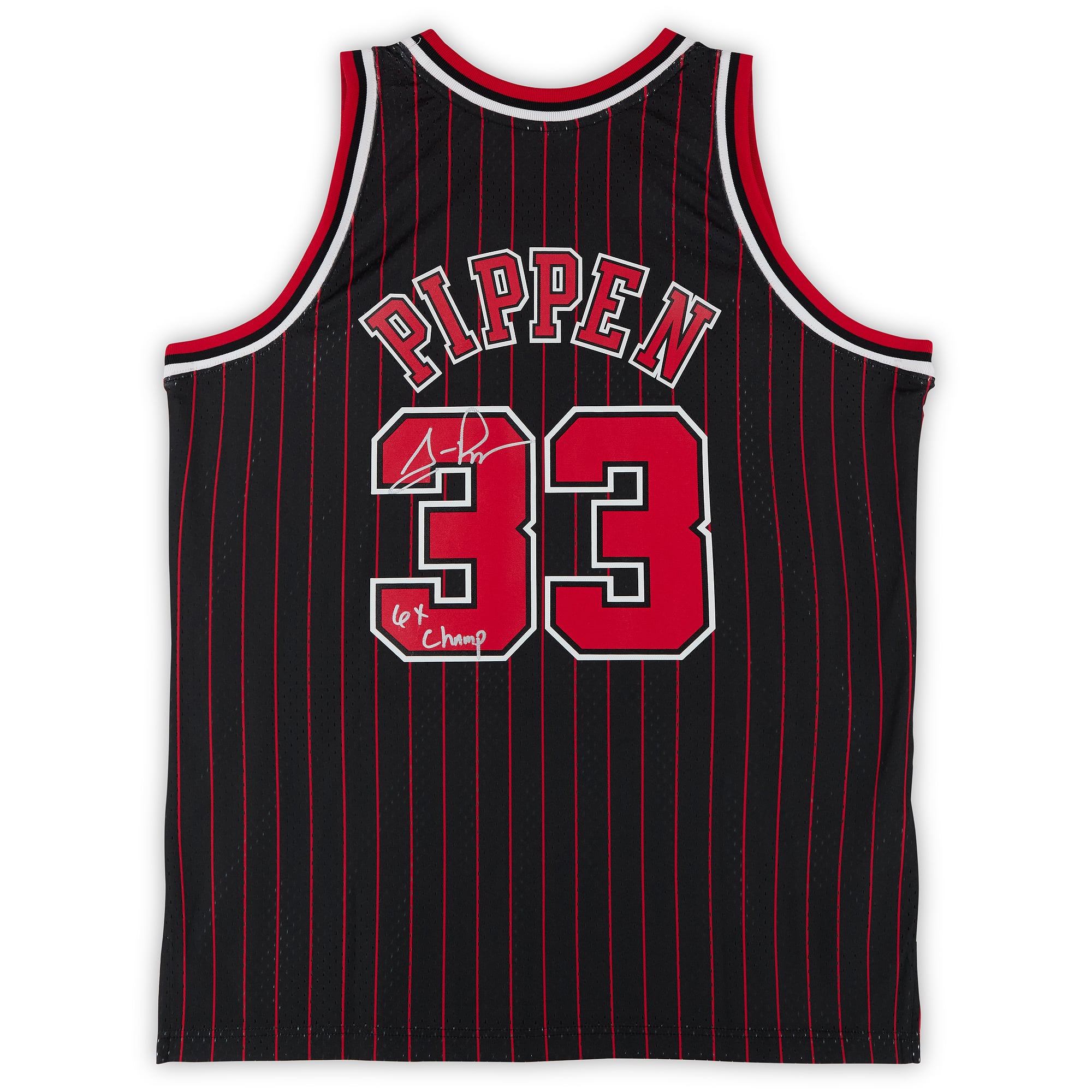 Scottie Pippen Chicago Bulls Autographed Black Mitchell & Ness 1995 Pinstripe Swingman Jersey with "6X Champ" Inscription