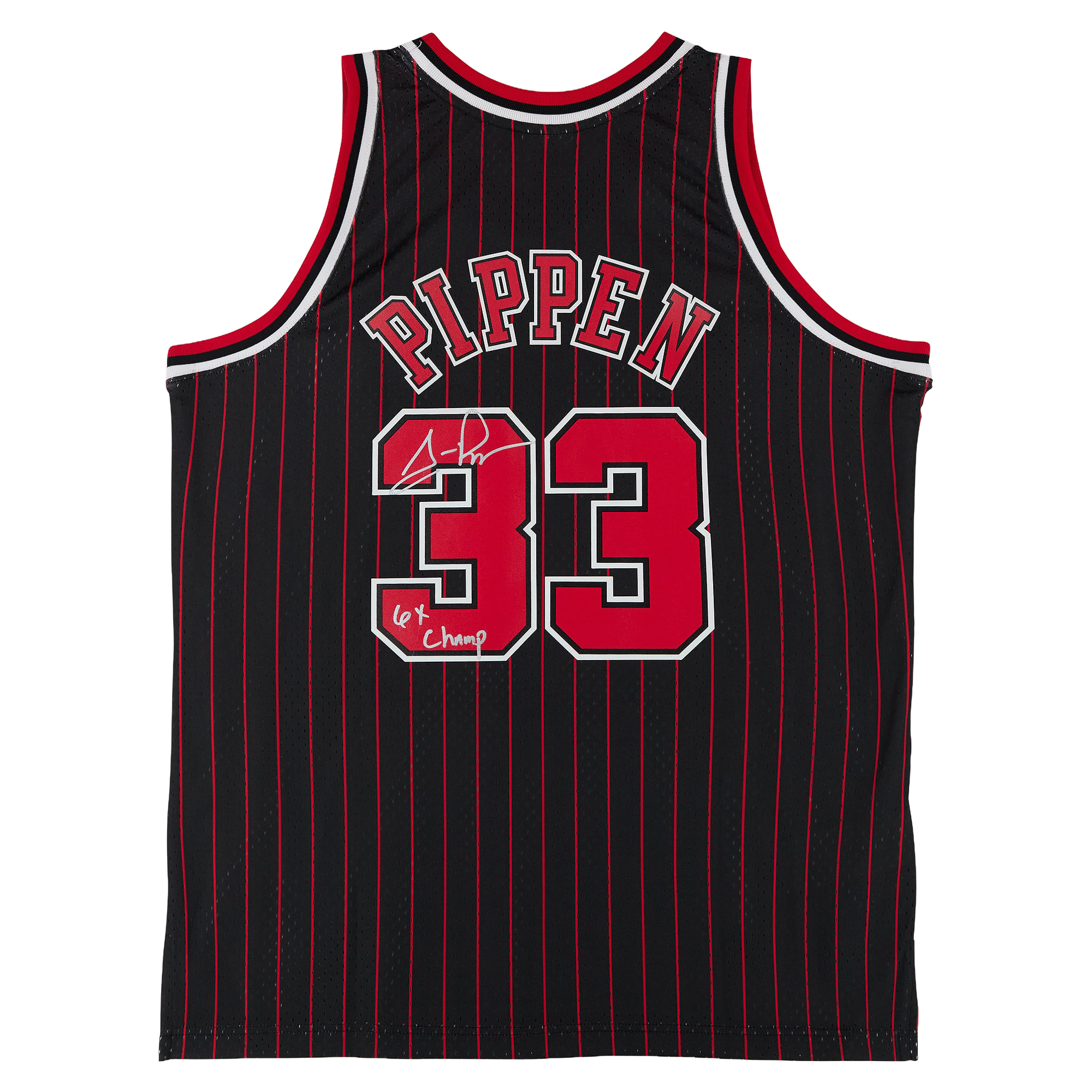Scottie Pippen Chicago Bulls Autographed Black Mitchell & Ness 1995 Pinstripe Swingman Jersey with "6X Champ" Inscription
