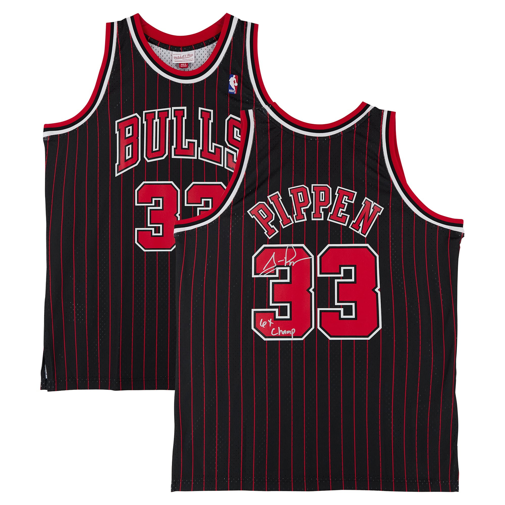 Scottie Pippen Chicago Bulls Autographed Black Mitchell & Ness 1995 Pinstripe Swingman Jersey with "6X Champ" Inscription